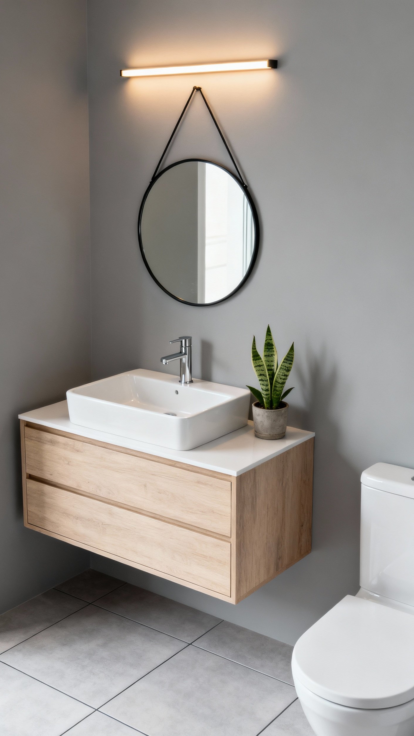 Small Guest Toilet Ideas - Minimalist and Functional Design - Floating vanity and matte grey walls