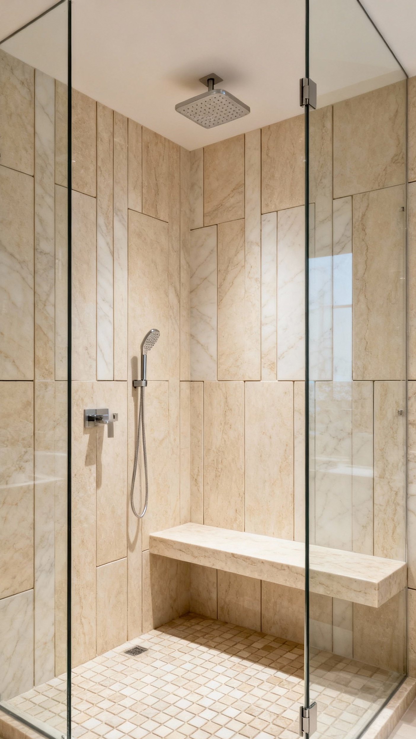 Beige marble bathroom - Transform Your Shower into a Spa-Like Haven - Beige marble surrounds a walk-in shower with frameless glass...