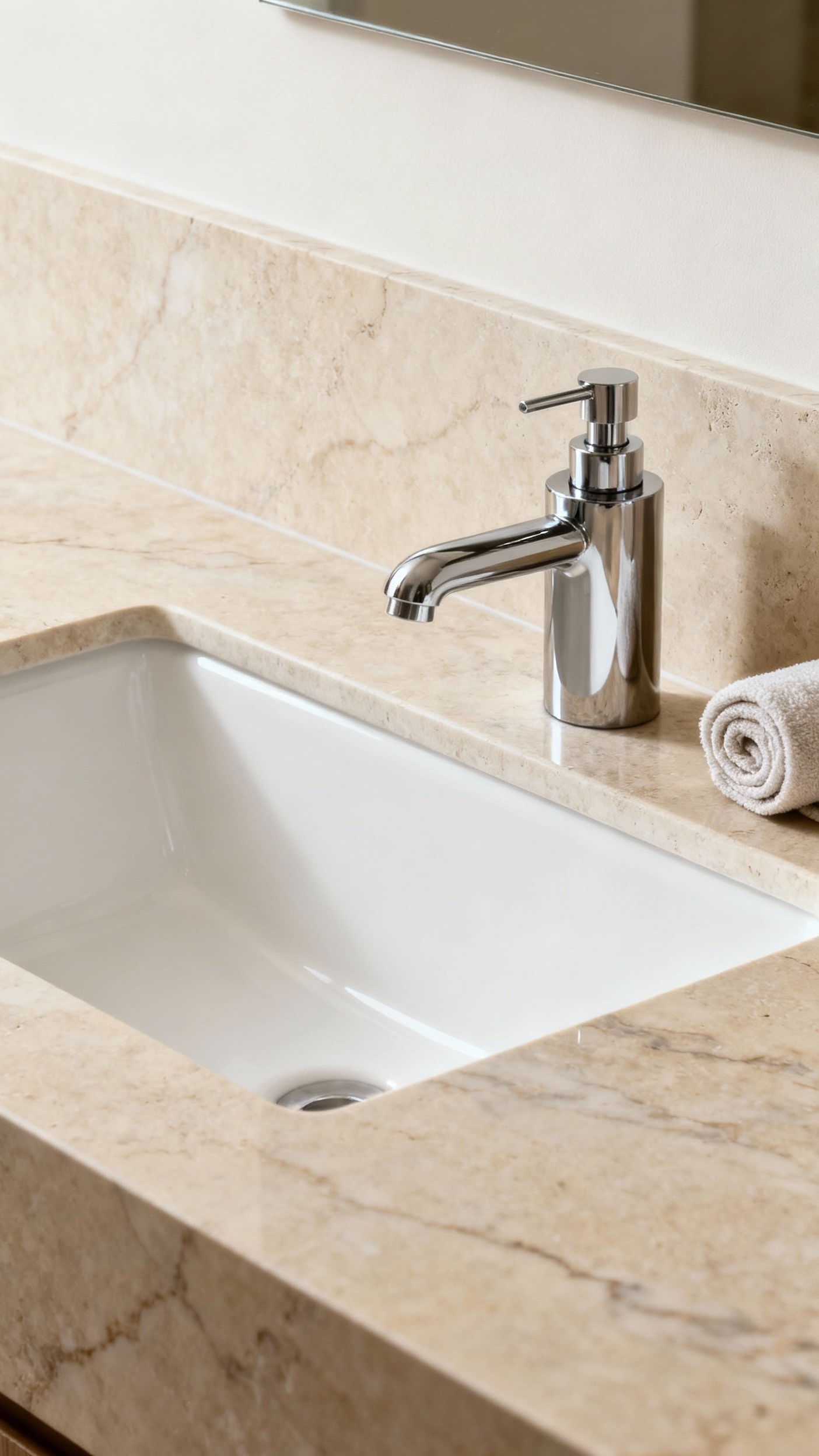 Beige marble bathroom - Serene and Minimalist Bathroom Accents in Beige Marble - Honed beige marble countertop with subtle veining...