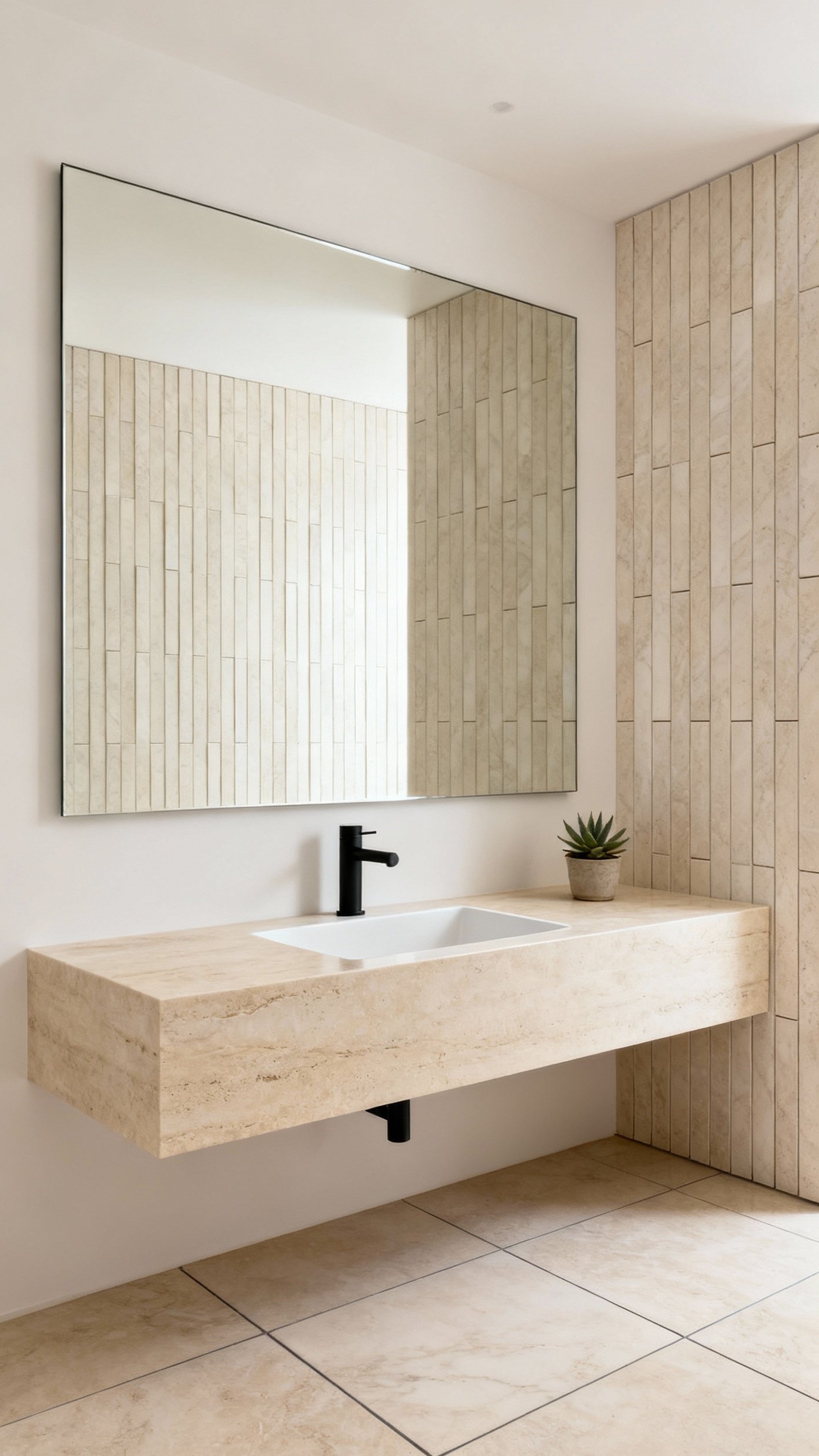 Beige marble bathroom - Minimalist Serenity with Beige Marble Vanities - Floating vanity with honed beige marble countertop...