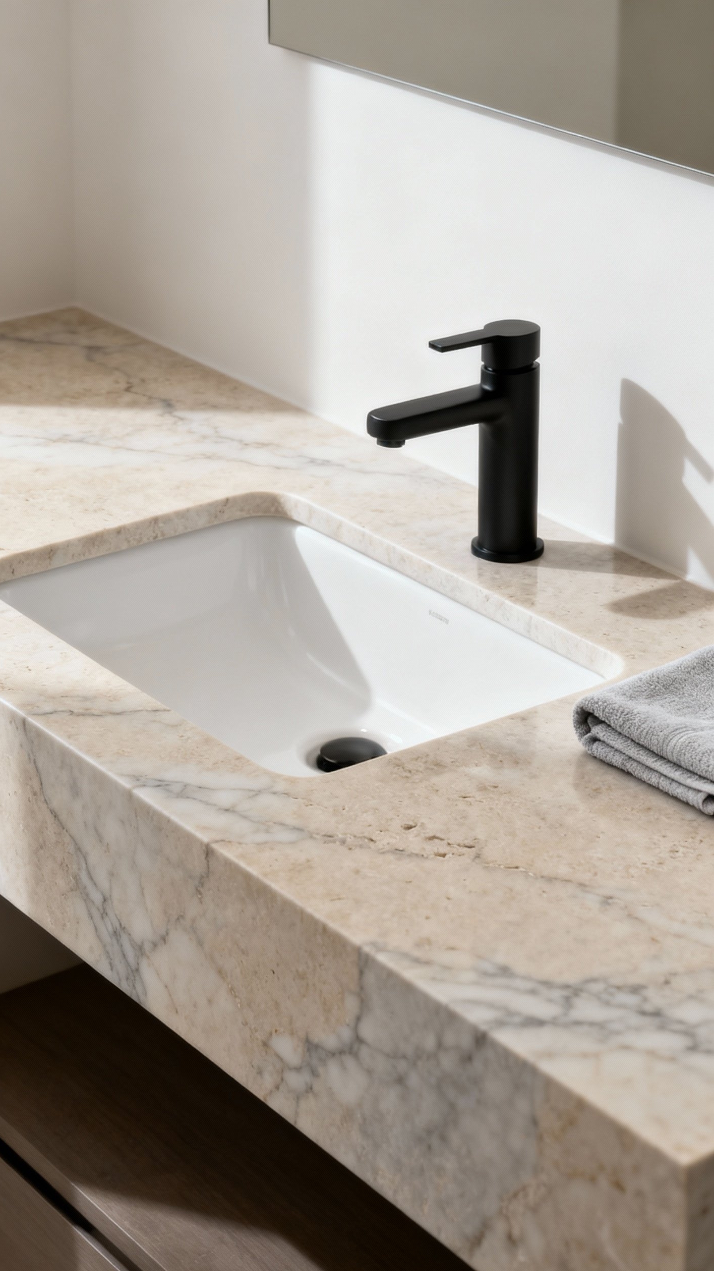 Beige marble bathroom - Modern Elegance: Beige Marble with Contrasting Fixtures - Honed beige marble countertop with matte black faucet...