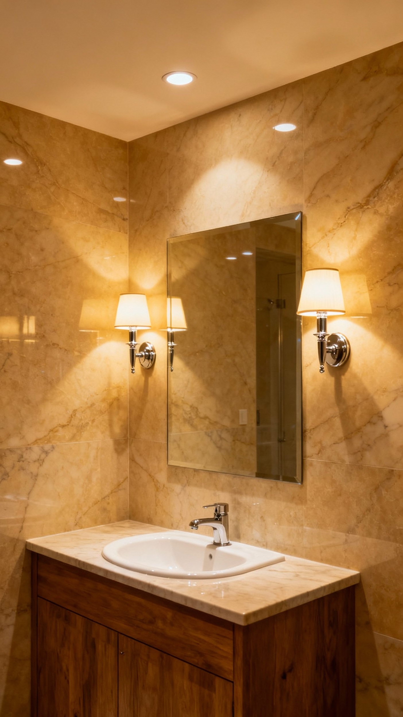 Beige marble bathroom - Illuminating Warmth: Lighting in Beige Marble Bathrooms - Warm beige marble with layered lighting...