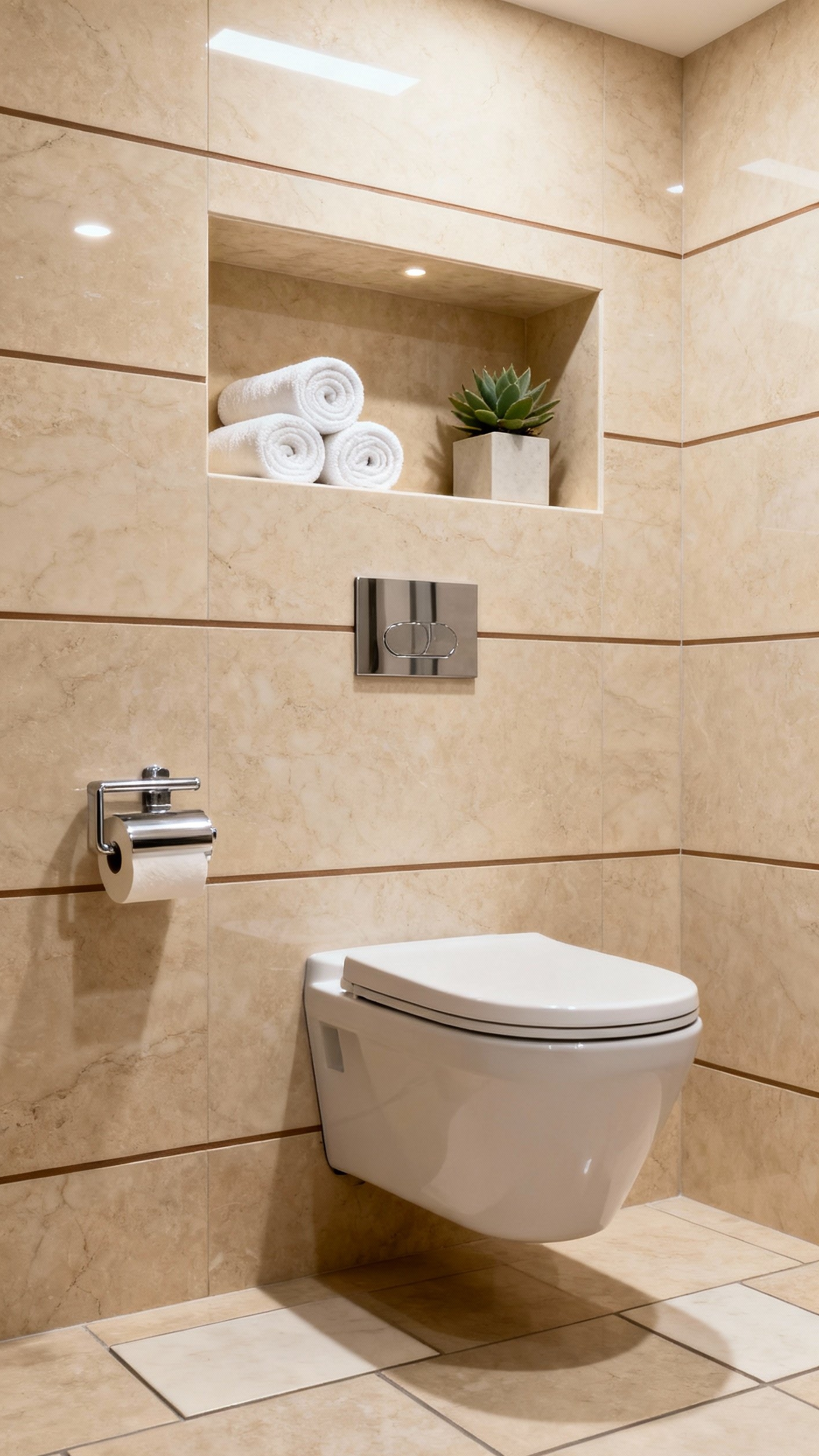 Beige marble bathroom - Contemporary Comfort: Beige Marble Bathroom Oasis - Large rectangular beige marble tiles with floating fixtures...