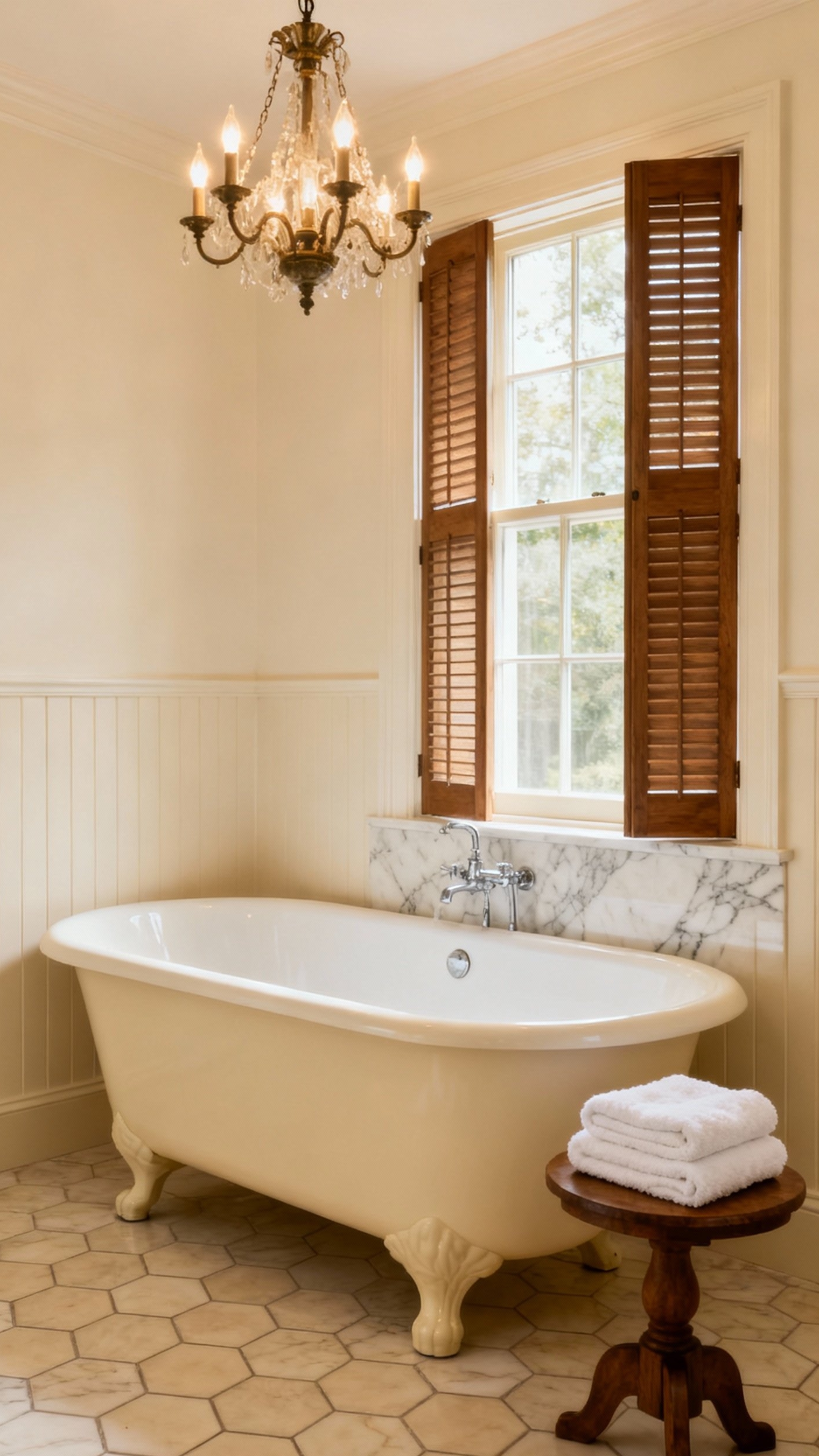 Beige marble bathroom - Classic Charm: Beige Marble with Vintage Accents - Beige marble surfaces with cream accents and clawfoot tub...