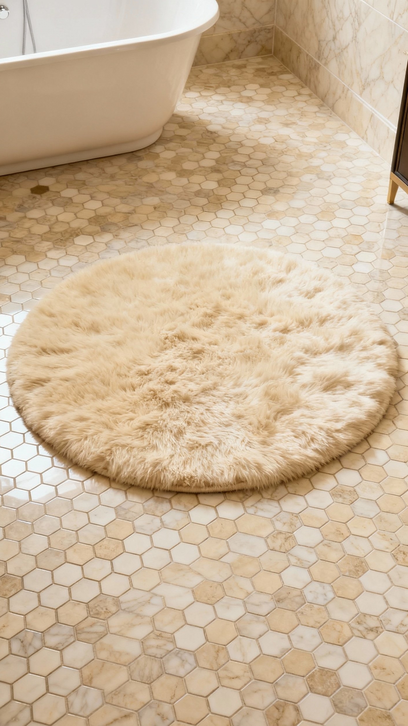 Beige marble bathroom - Subtle Statements: Geometric Beige Marble Floors - Hexagonal beige marble tiles with cream rug...
