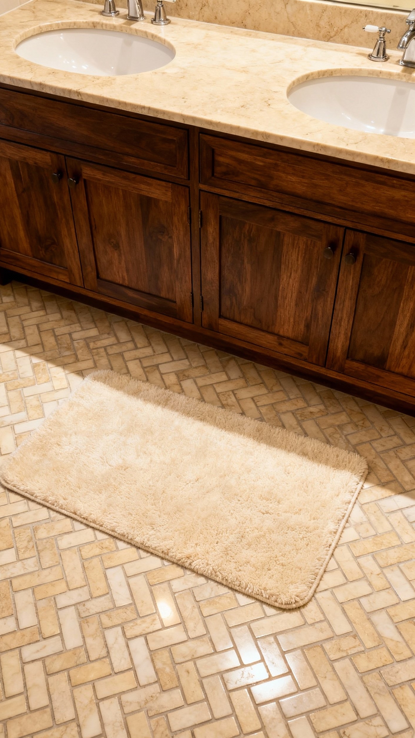 Beige marble bathroom - Timeless Patterns: Herringbone Beige Marble Flooring - Beige marble herringbone floor with dark wood vanity...