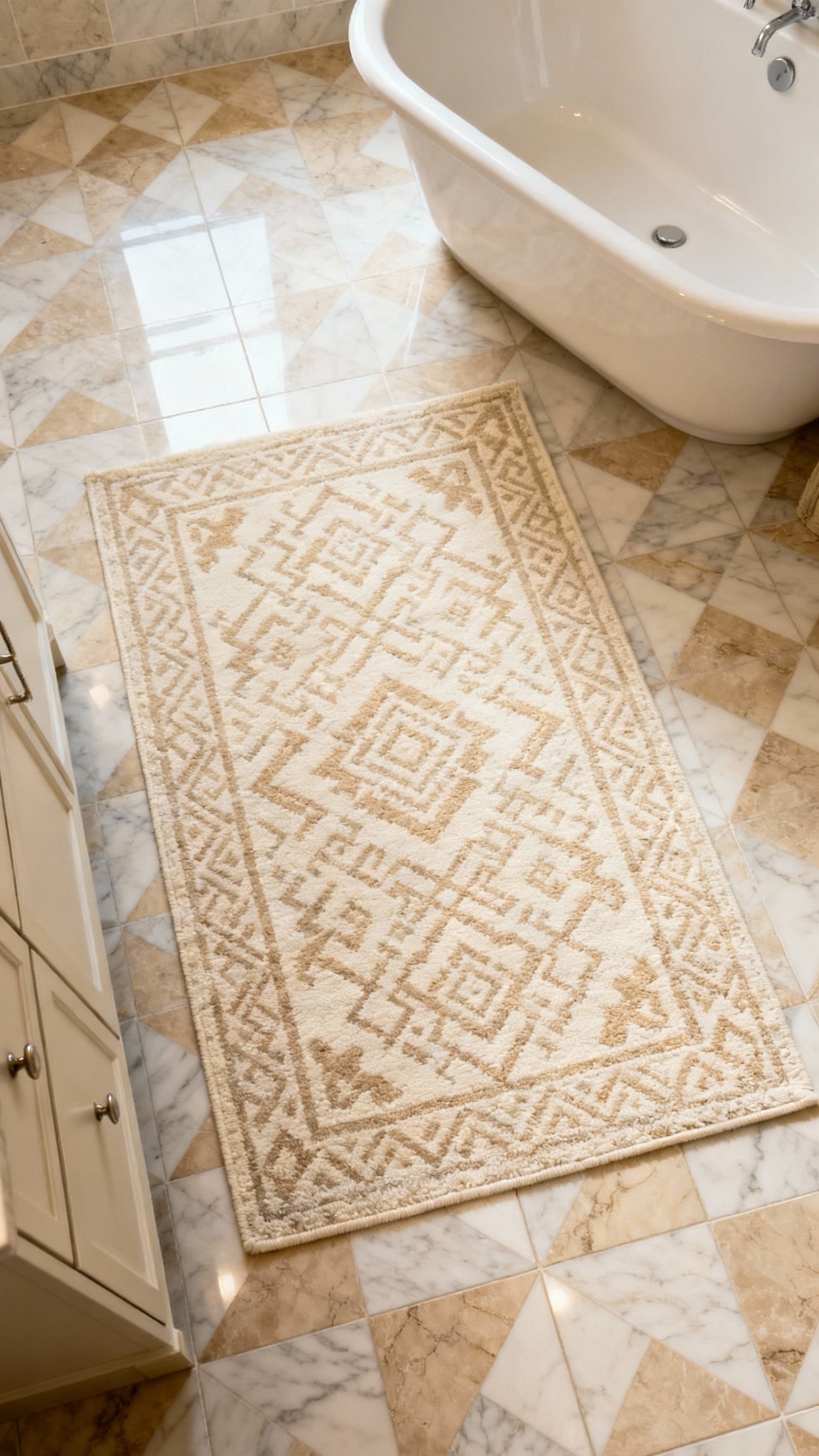 Beige marble bathroom - Geometric Elegance: Beige Marble Floor Designs - Beige marble tiles with Moroccan-inspired rug...