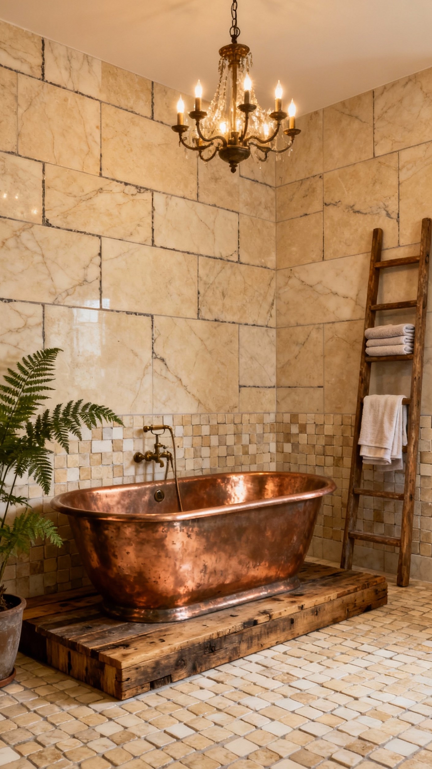 Beige marble bathroom - Rustic Elegance: Beige Marble Meets Natural Elements - Freestanding copper tub on reclaimed wood platform...