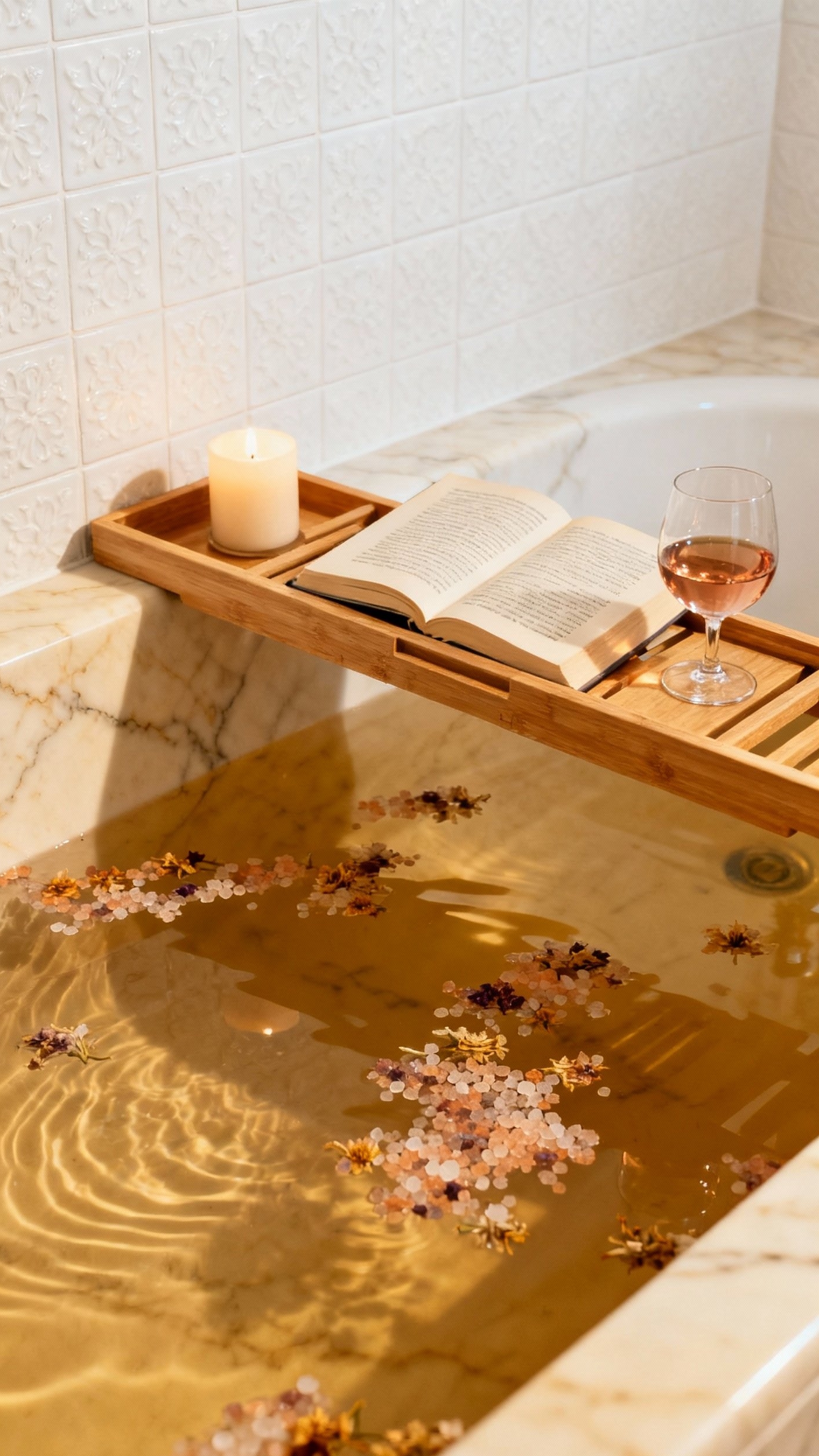 Beige marble bathroom - Luxurious Bathing: Beige Marble Tub Retreats - Beige marble bathtub with wooden bath caddy...