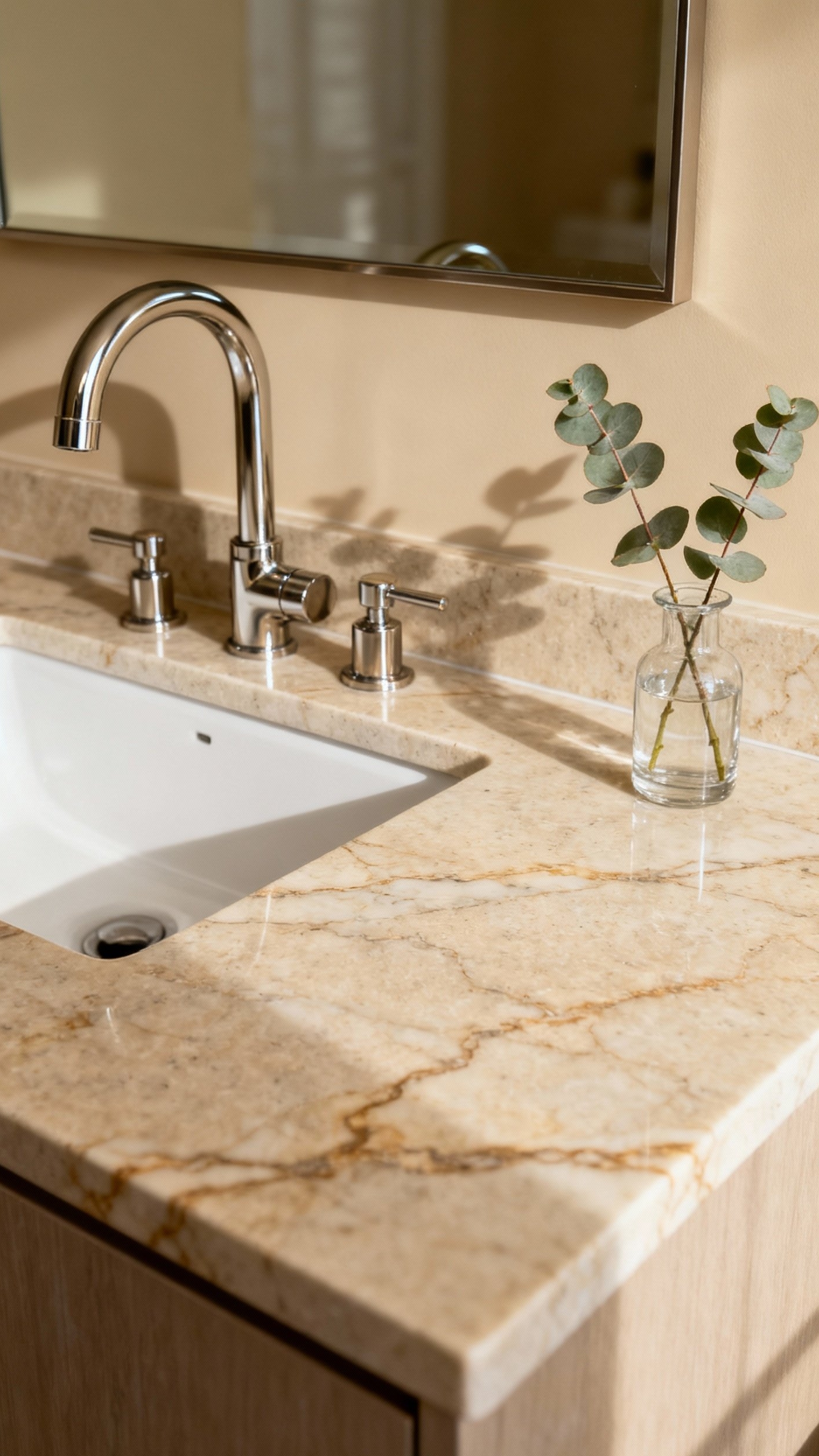 Beige marble bathroom - Elegant Sanctuary: Beige Marble Vanity Spaces - Honed beige marble vanity with polished nickel faucet...