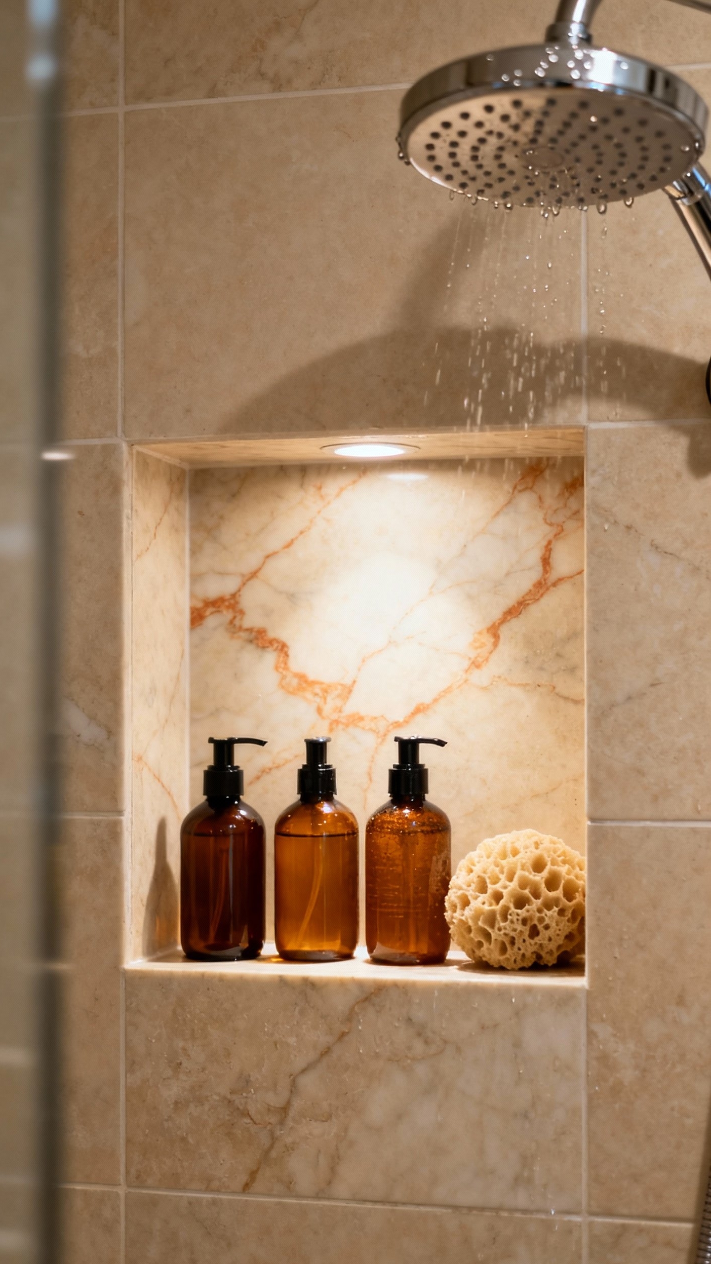 Beige marble bathroom - Shower Niches: Functional Beauty in Beige Marble - Honed beige marble shower niche with amber bottles...