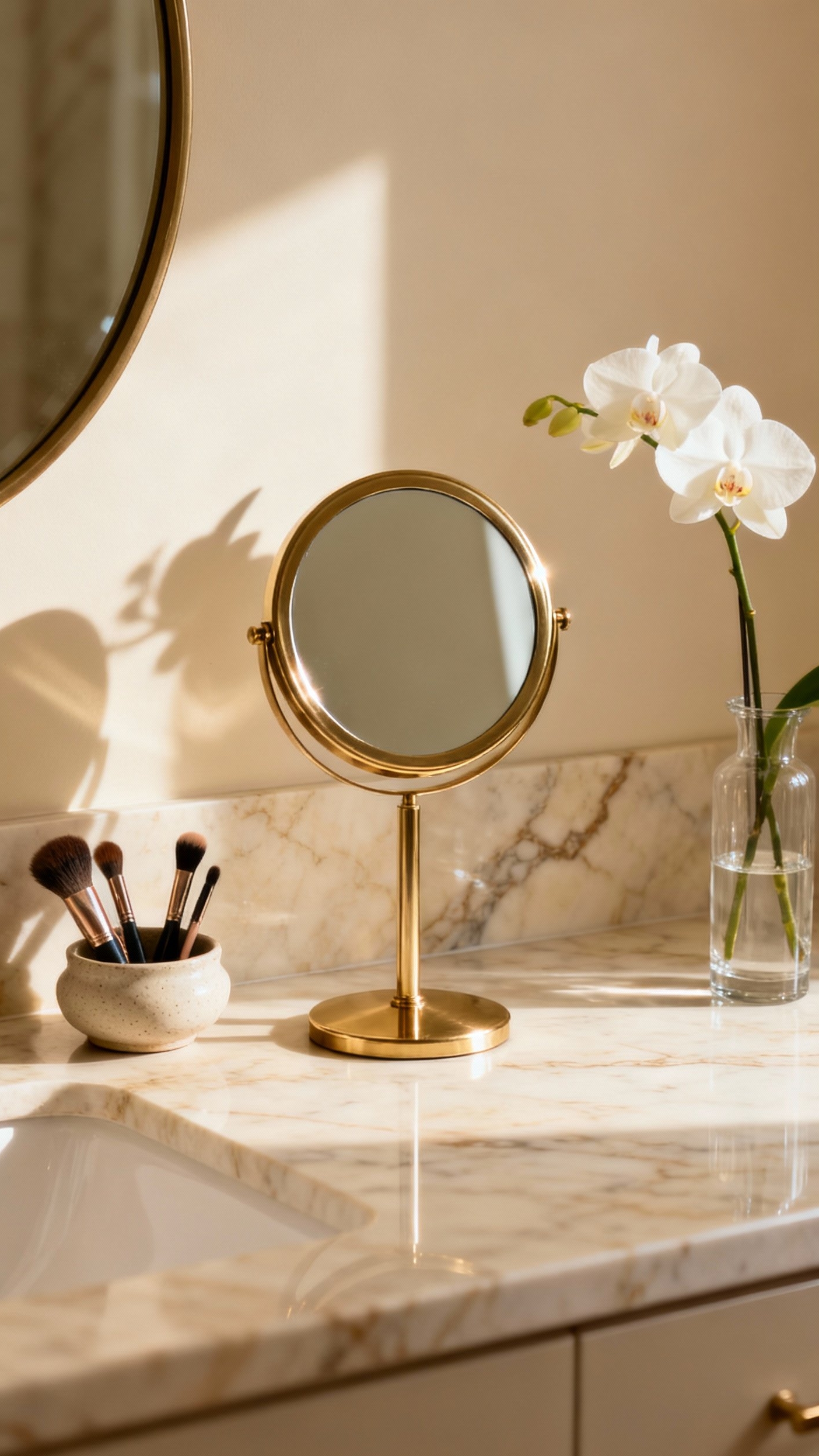 Beige marble bathroom - Serene Details: Minimalist Beige Marble Countertops - Beige marble countertop with gold framed mirror...