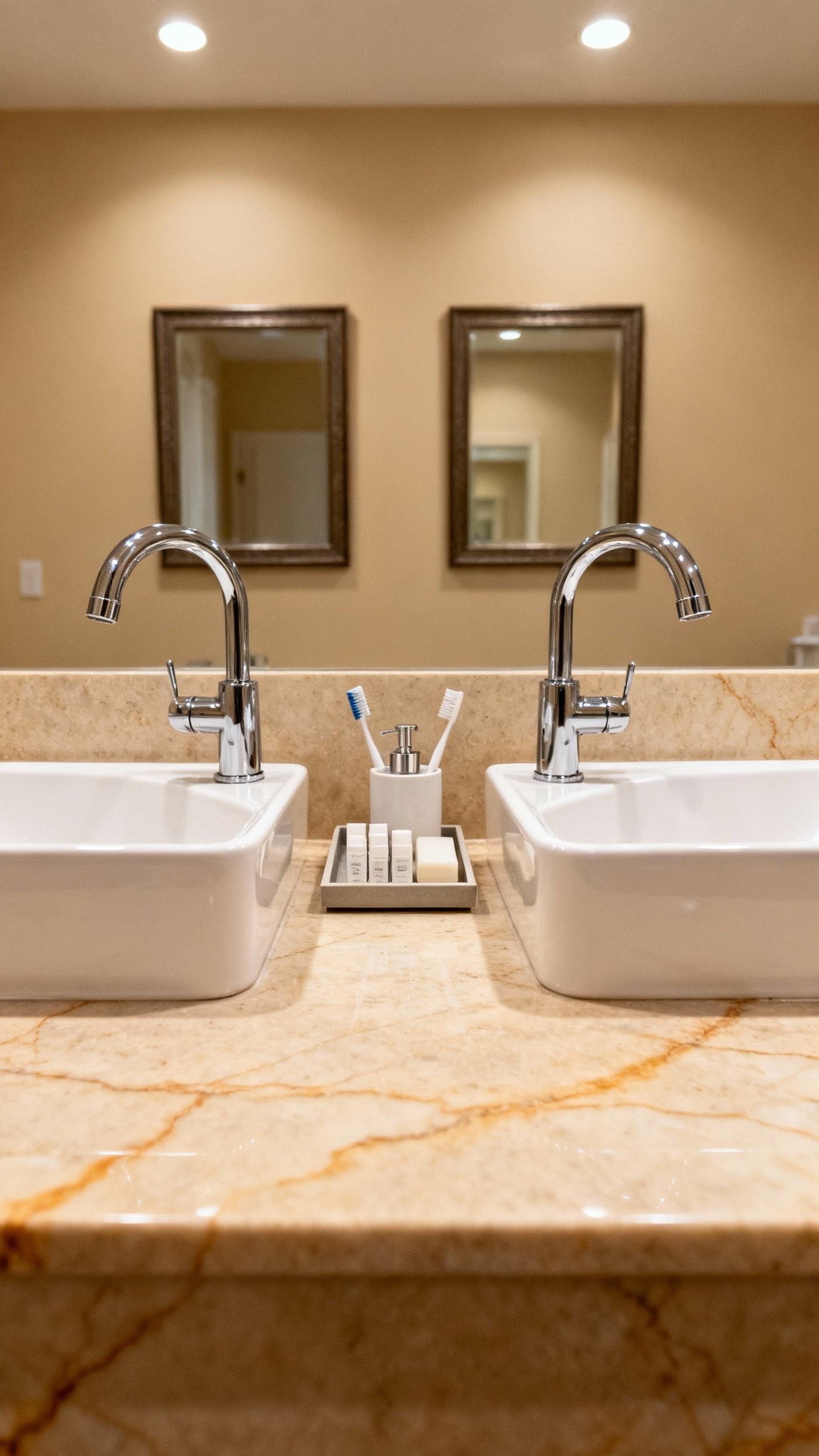 Beige marble bathroom - Warmth and Refinement: Double Vanity in Beige Marble - Honed beige marble double vanity with chrome faucets...