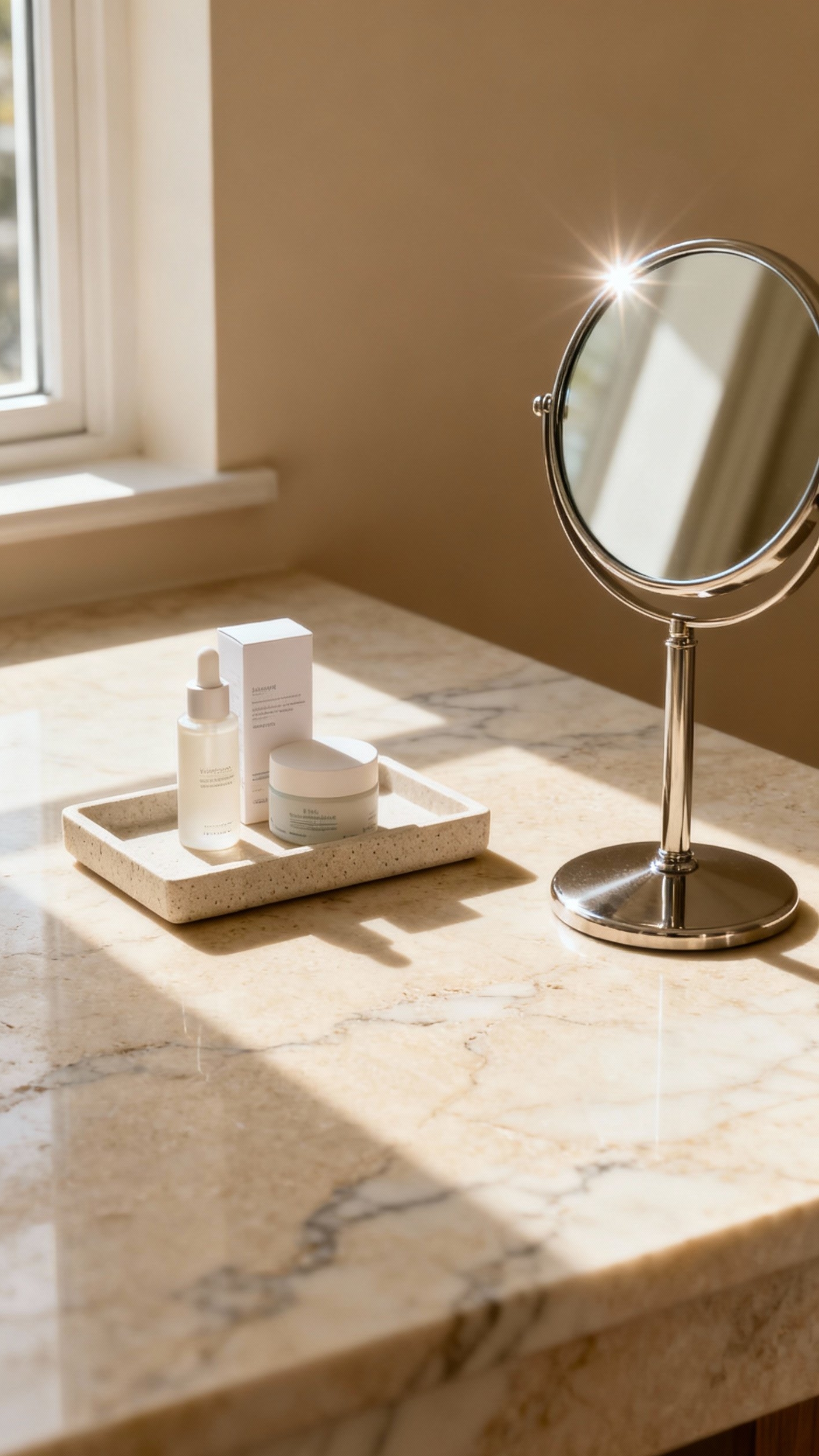 Beige marble bathroom - Organized Elegance: Beige Marble Vanity Arrangements - Honed beige marble countertop with skincare products...