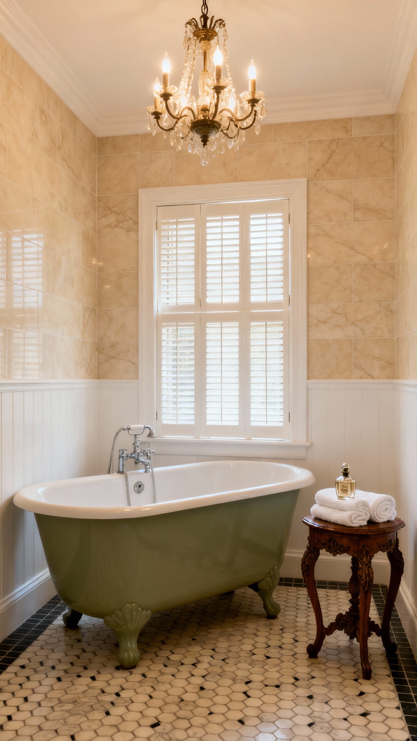 Beige marble bathroom - Vintage Charm Meets Beige Marble Elegance - Beige marble walls with clawfoot tub and vintage chandelier...