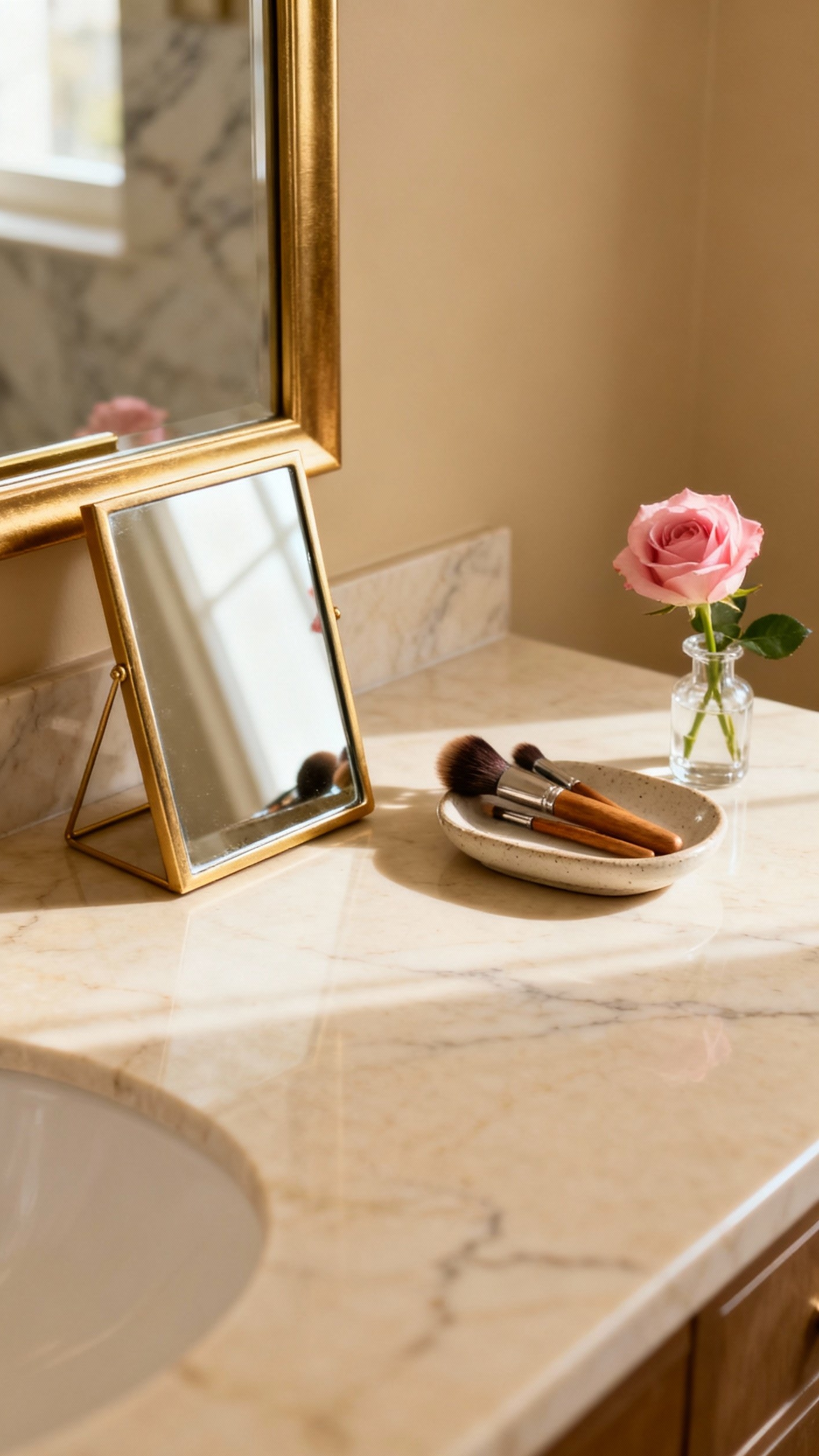 Beige marble bathroom - Creating a Tranquil Bathroom Oasis with Beige Marble - Polished beige marble vanity with gold framed mirror...