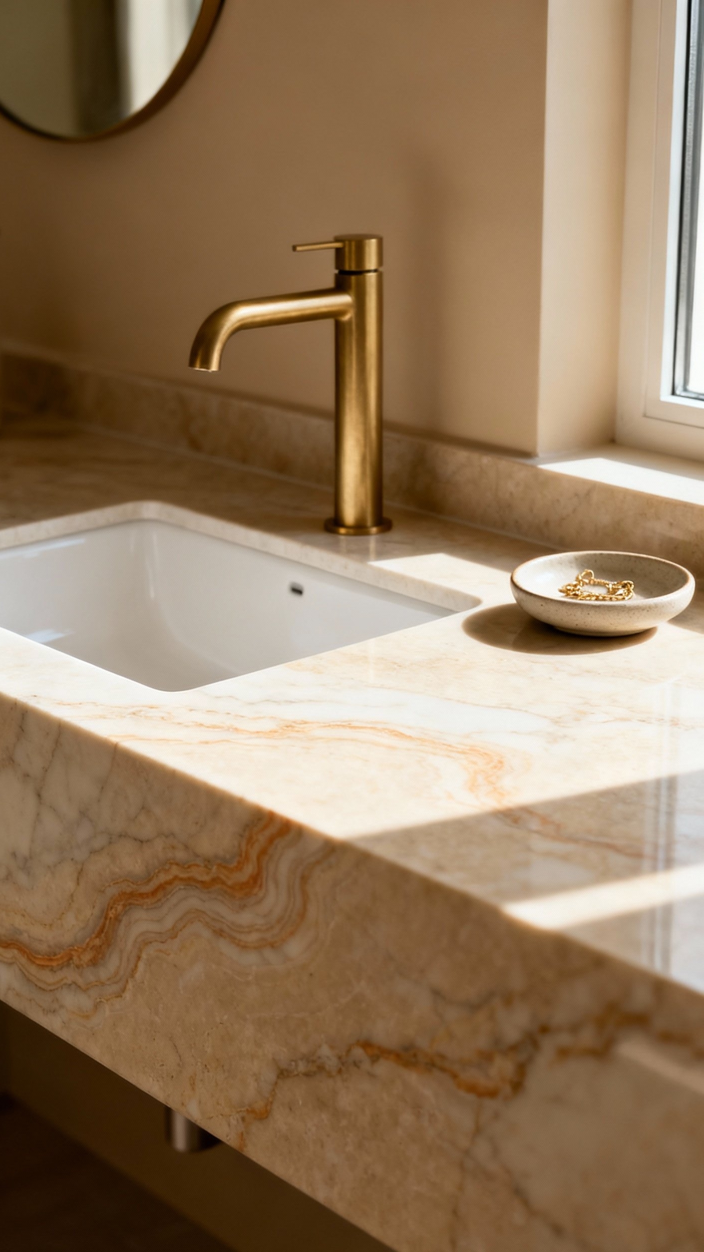 Beige marble bathroom - Subtle Luxury: Honed Beige Marble Vanities - Honed beige marble countertop with brushed gold faucet...