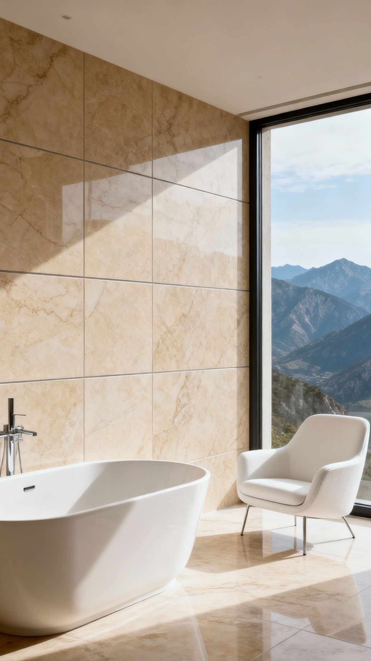 Beige marble bathroom - Seamless Serenity: Large-Format Beige Marble Tiles - Large-format beige marble tiles with soaking tub...