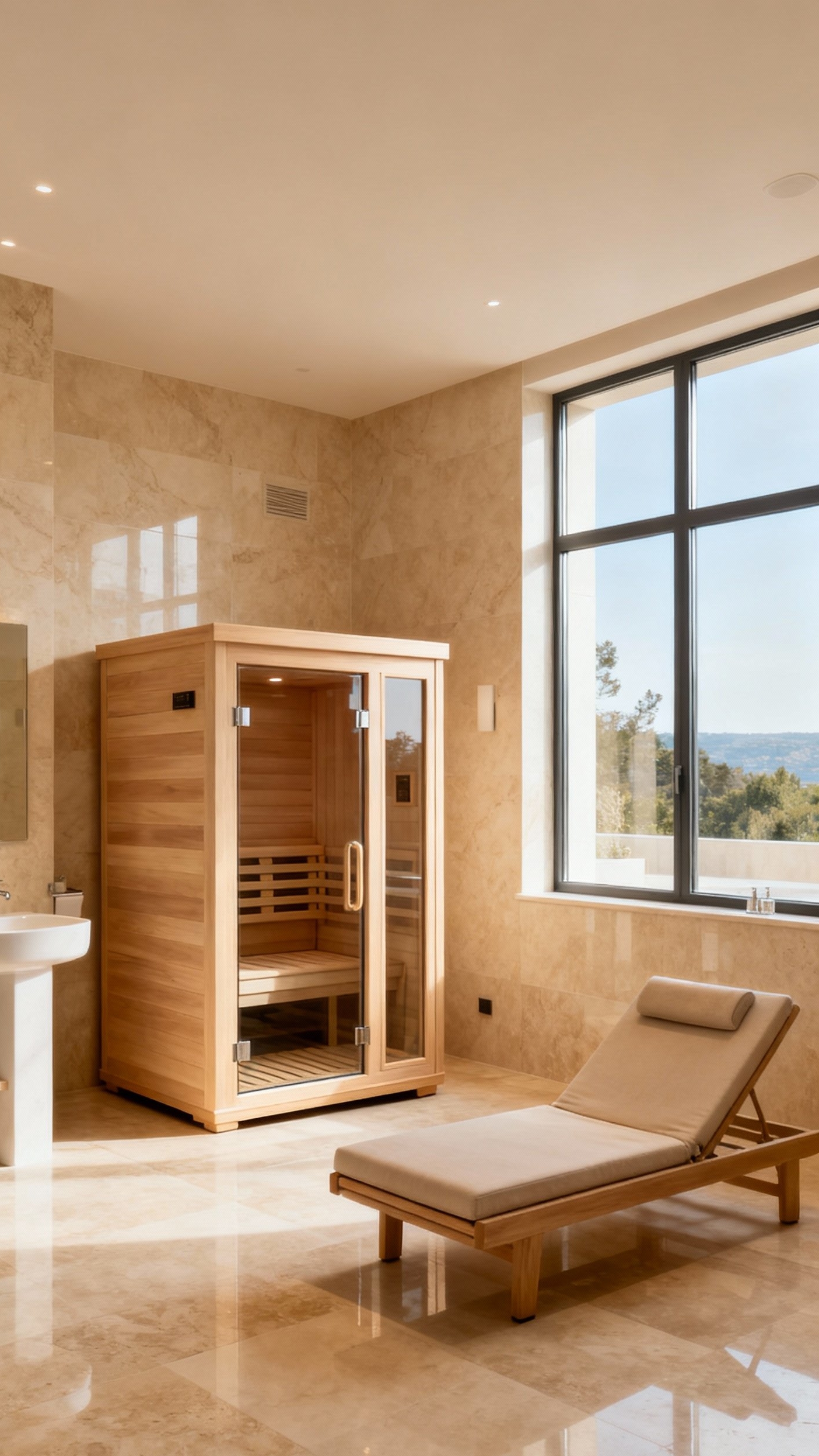 Beige marble bathroom - Complete Spa Sanctuary: Beige Marble and Wood Elements - Beige marble bathroom with wood sauna and chaise lounge...
