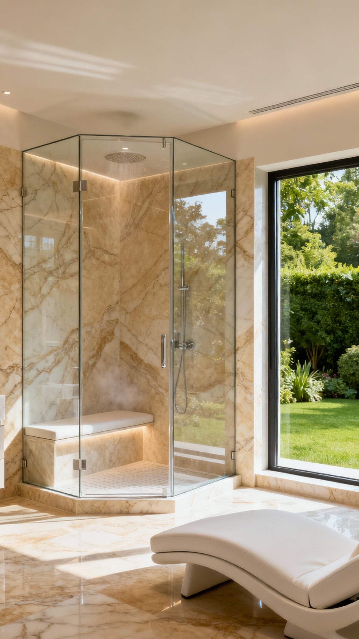 Beige marble bathroom - Ultimate Spa Escape: Book-Matched Beige Marble Bathrooms - Book-matched marble slabs with steam shower...