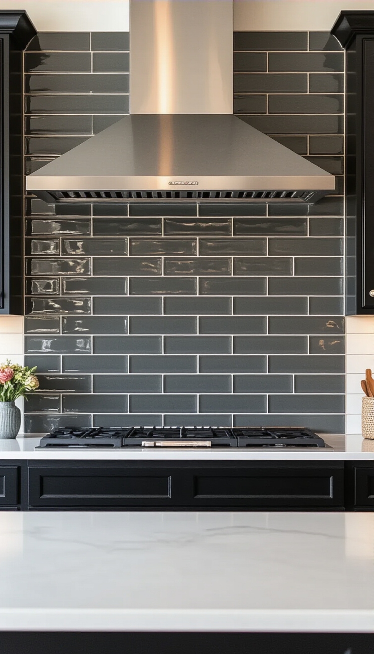 Black Kitchen Inspiration - Modern Statement: Sleek Black Backsplash Designs - The elongated, dark ceramic tiles create a sleek,...
