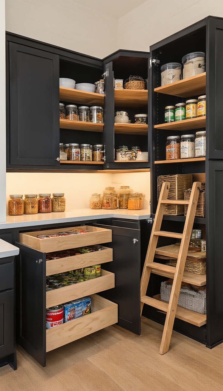 Black Kitchen Inspiration - Organized Elegance: Black Kitchen Pantries That Inspire - This black kitchen pantry commands attention with its...