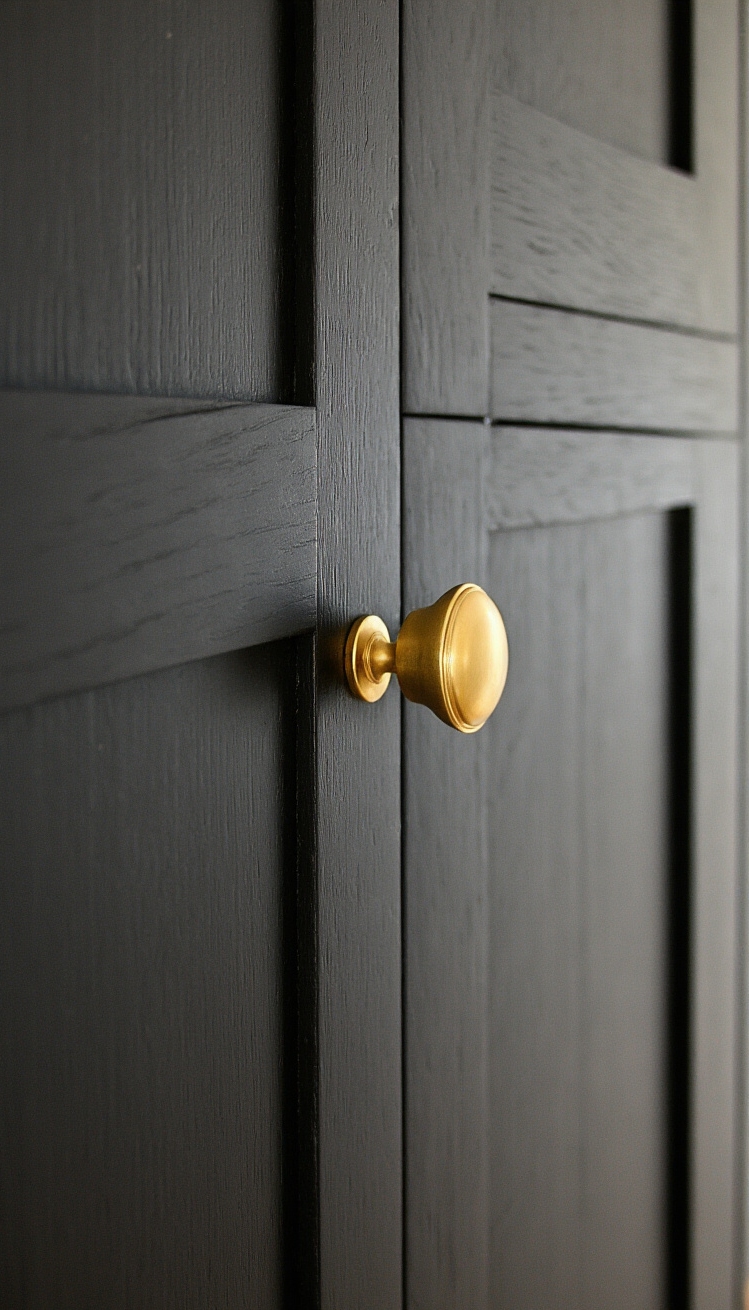 Black Kitchen Inspiration - Refined Details: Brass Accents in Black Kitchens - The camera hones in on a sleek, black...