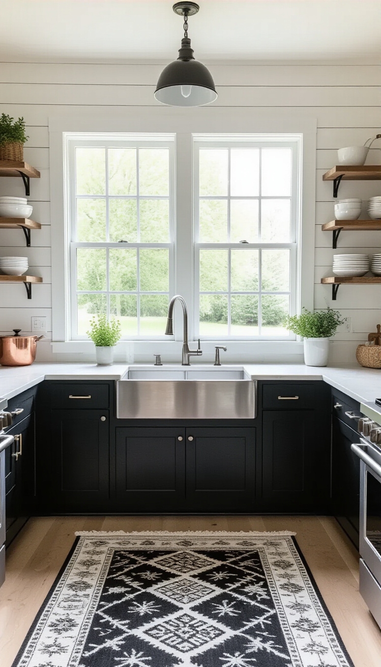 Black Kitchen Inspiration - Modern Farmhouse Elegance: Black Cabinets and Light Accents - This modern farmhouse kitchen instantly grabs your attention...