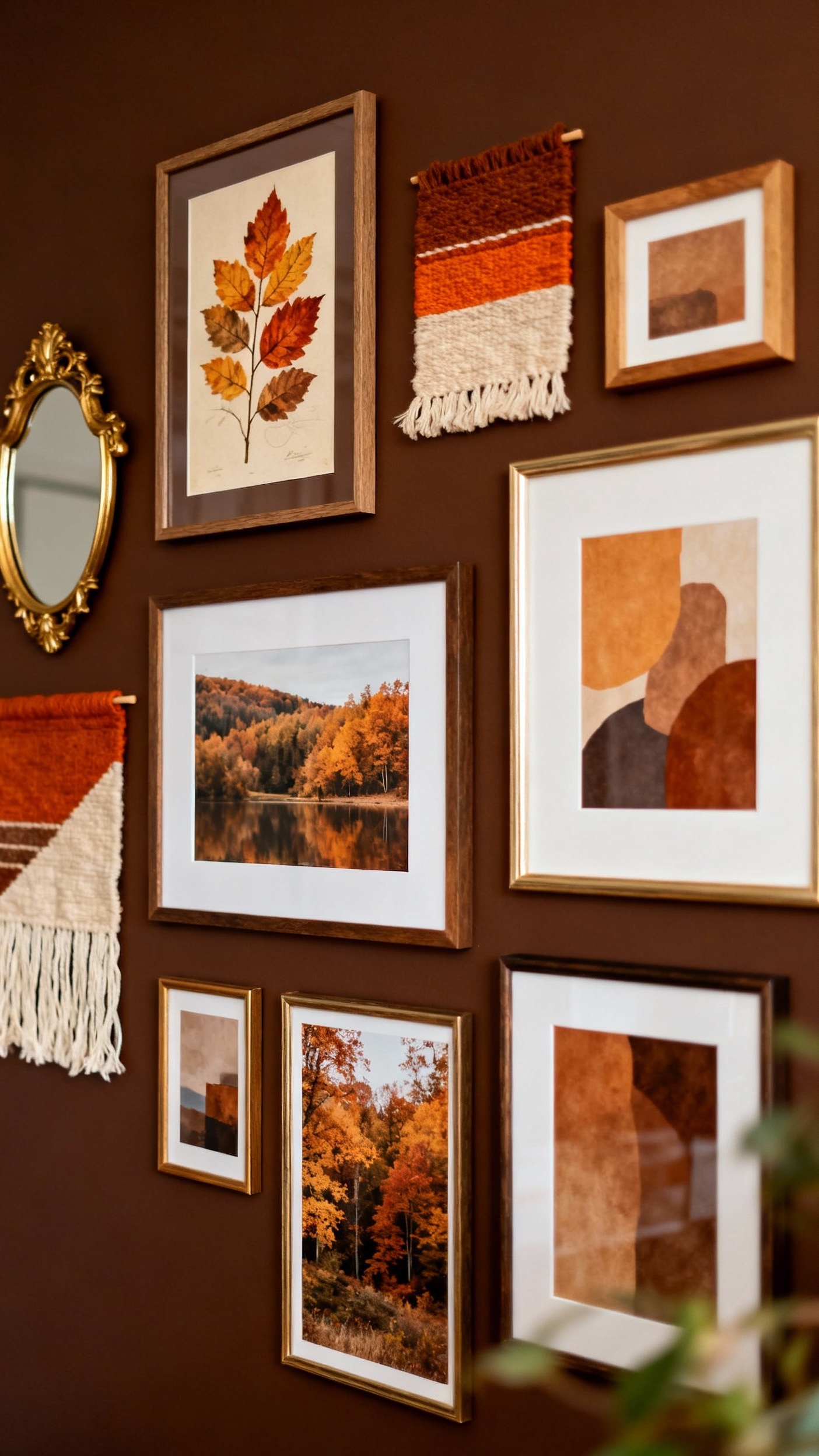 living room modern fall decor ideas - Gallery Wall Ideas for a Modern Fall Look - Warm brown wall with autumn art