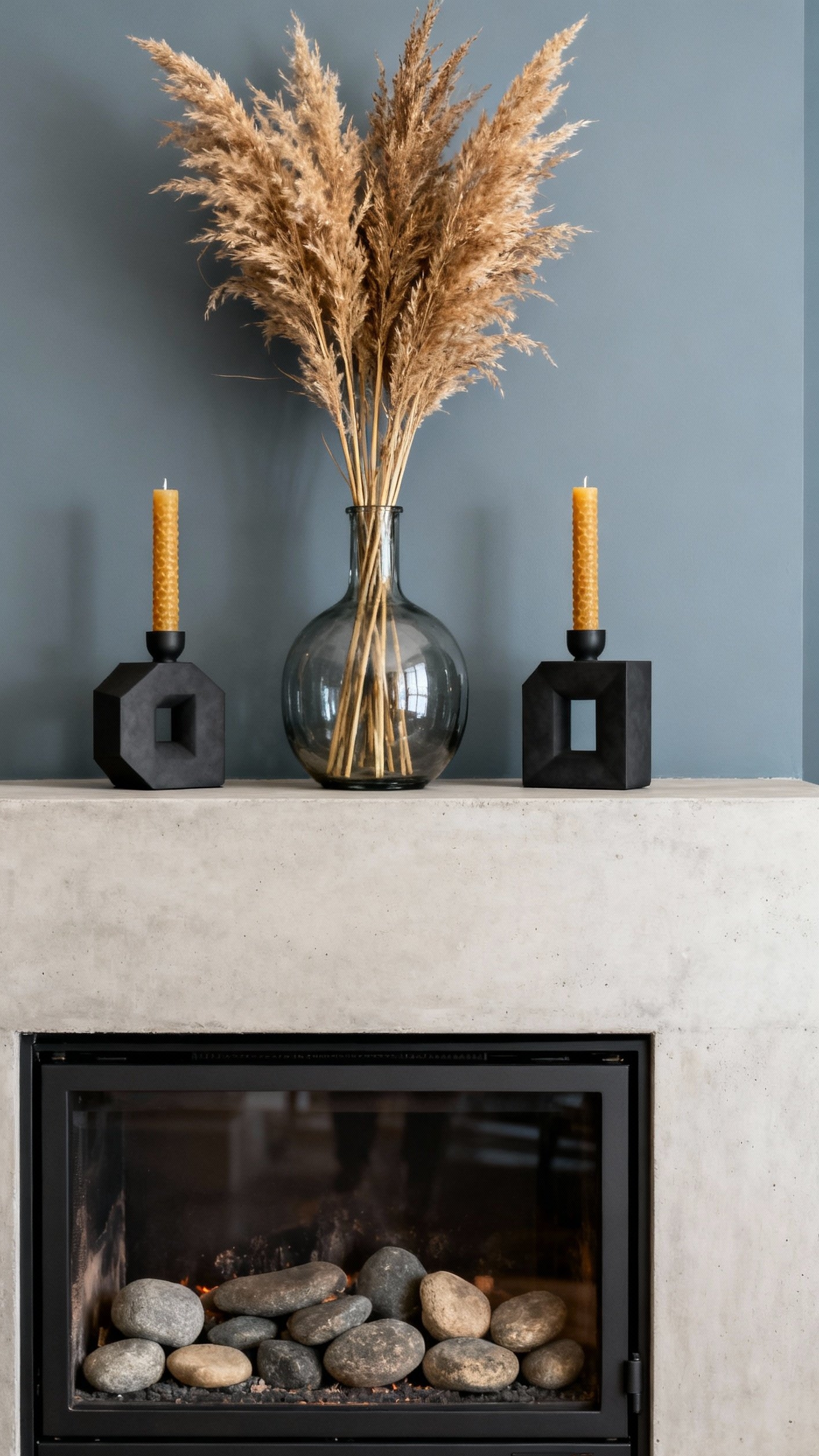 living room modern fall decor ideas - Clean Lines and Natural Textures: Concrete Mantel Styling - Pampas grass and candles