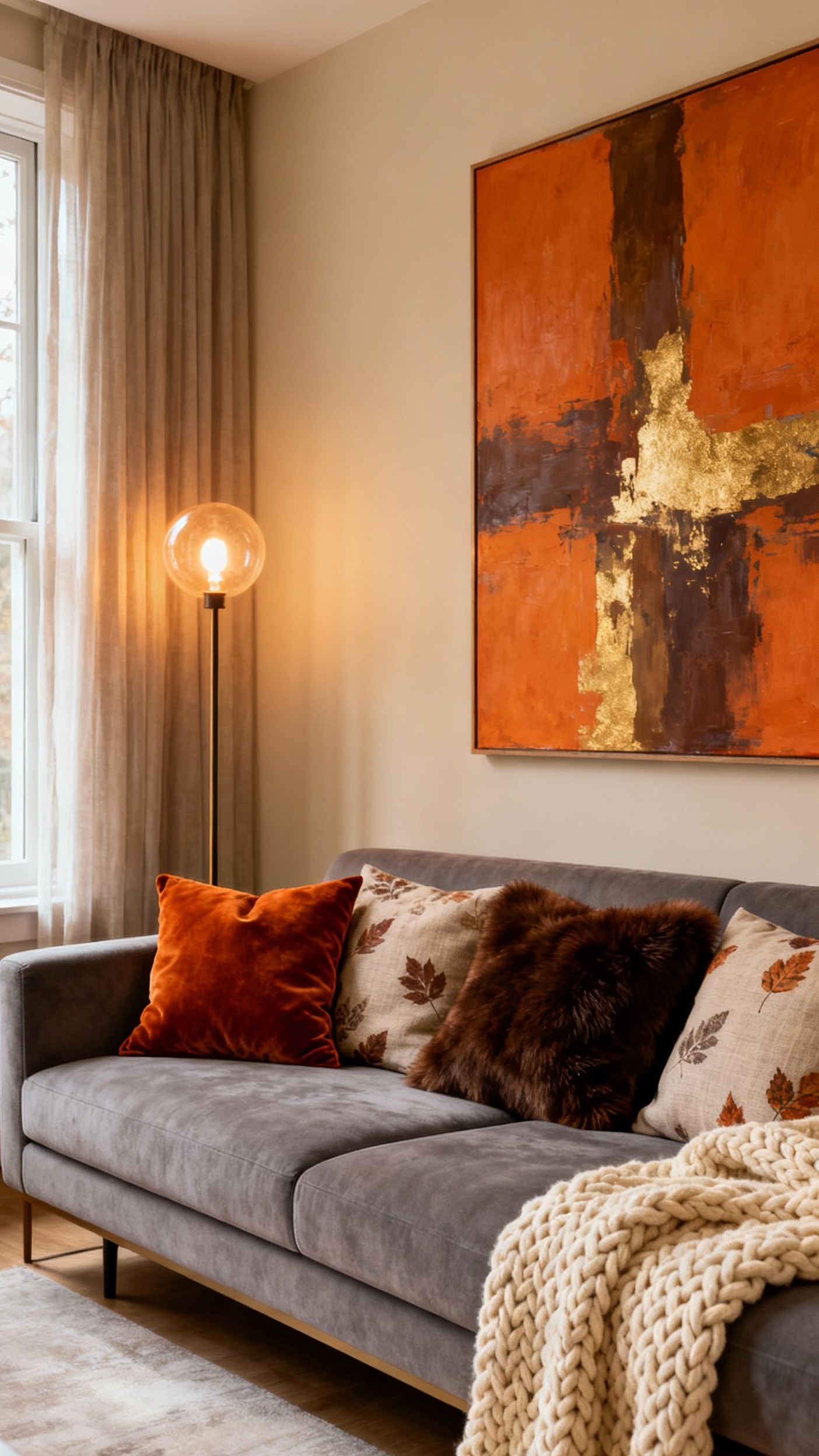 living room modern fall decor ideas - Seasonal Comfort: Modern Living Room Textures and Tones - Gray sofa with autumn pillows