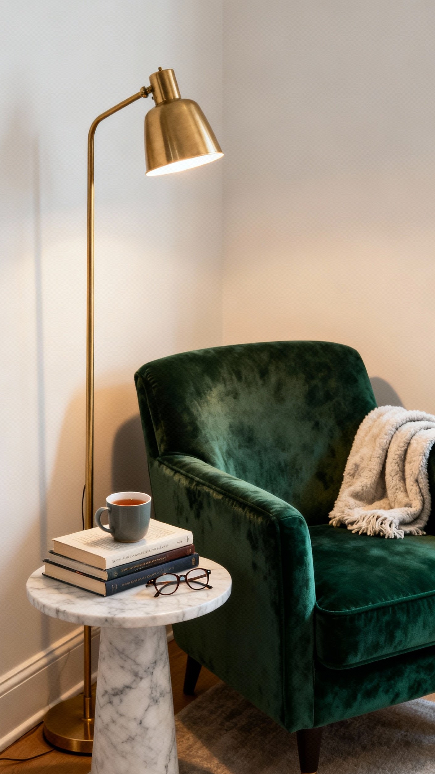 living room modern fall decor ideas - Inviting Fall Nooks: Jewel Tones and Texture - Emerald green velvet armchair with brass lamp