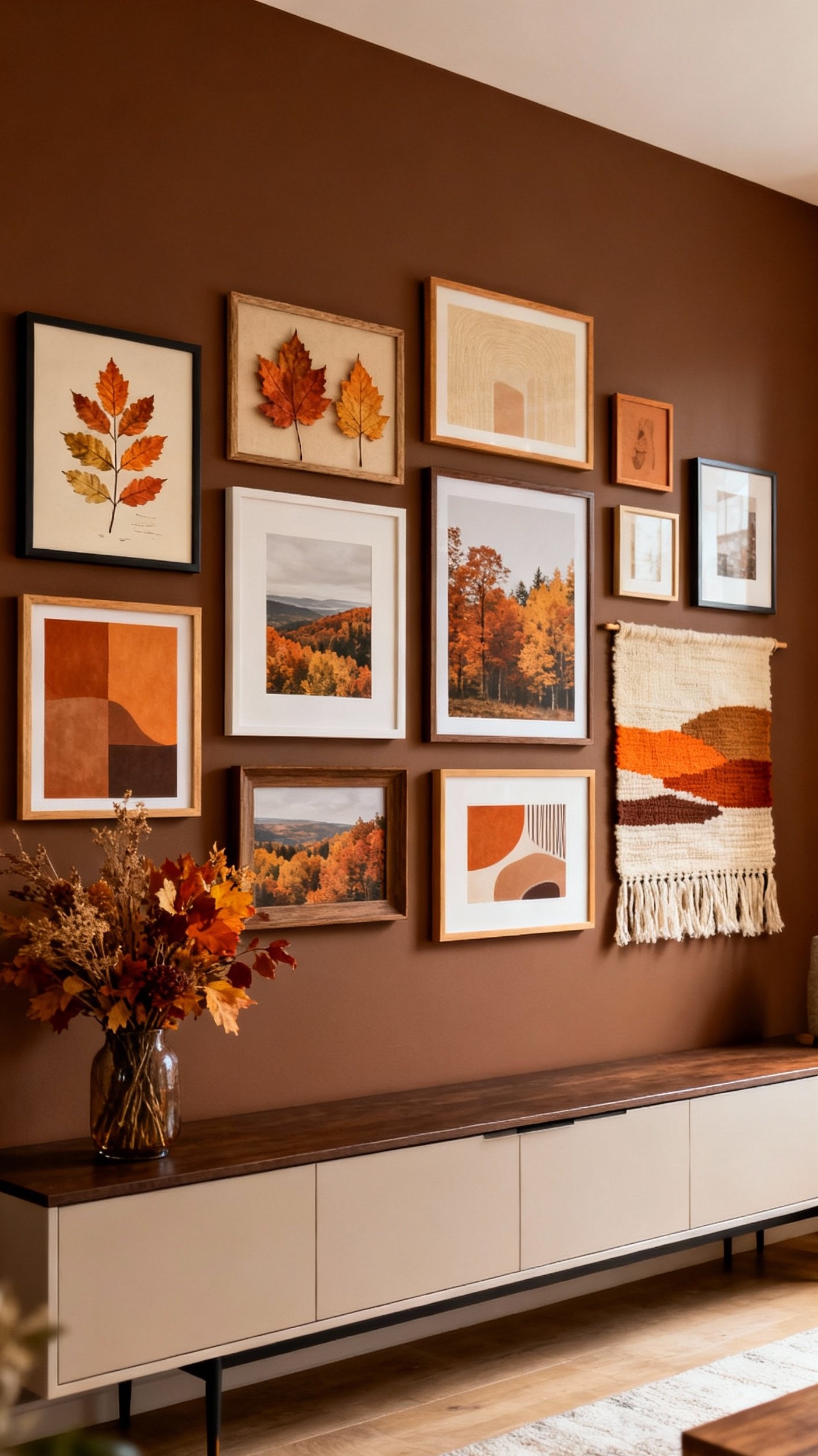 living room modern fall decor ideas - Artful Fall Gallery Walls for a Modern Living Room - Brown wall with autumn art