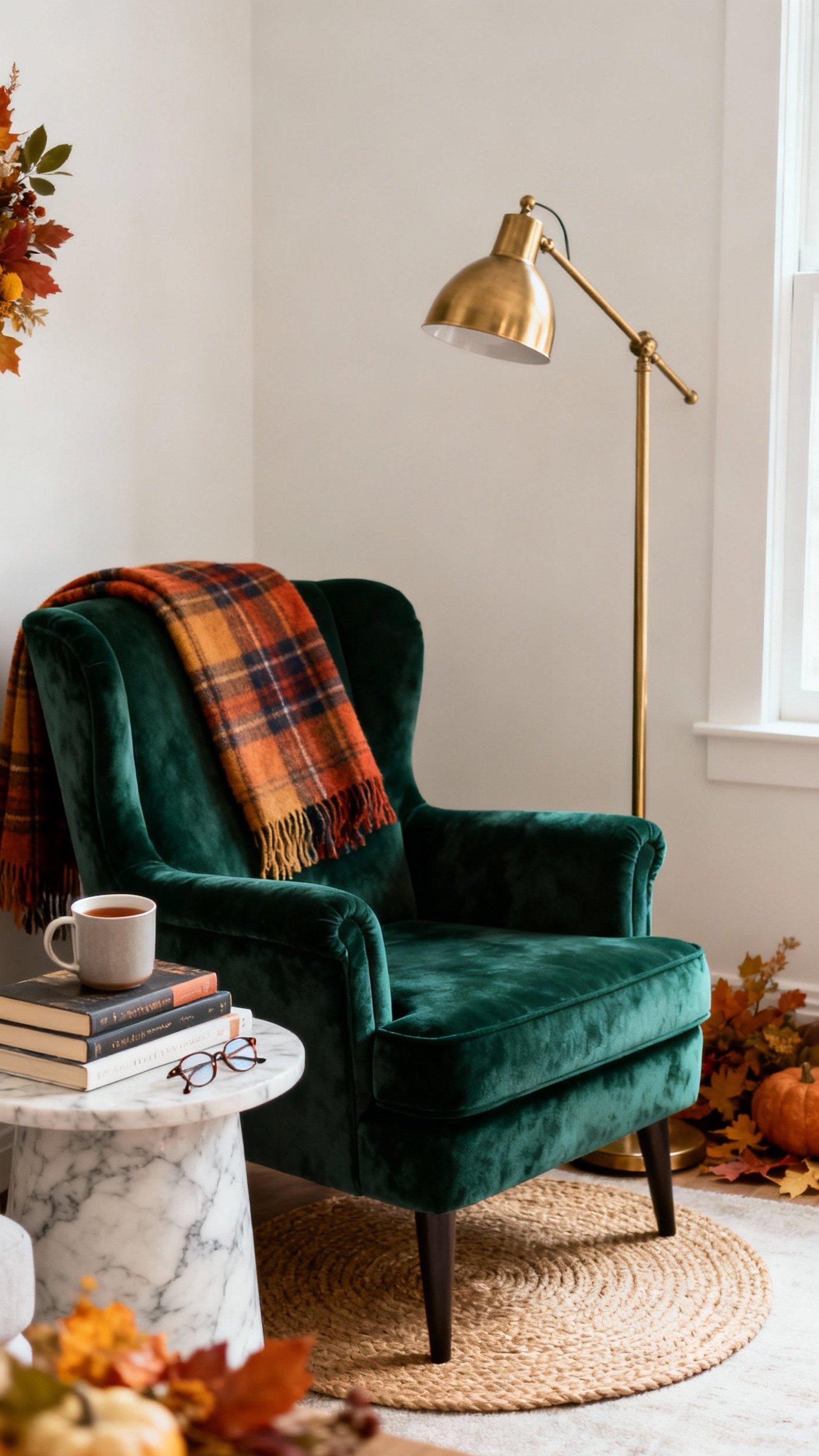 living room modern fall decor ideas - Fall Decor Essentials: Modern Living Room Nook - Emerald green velvet armchair with brass lamp