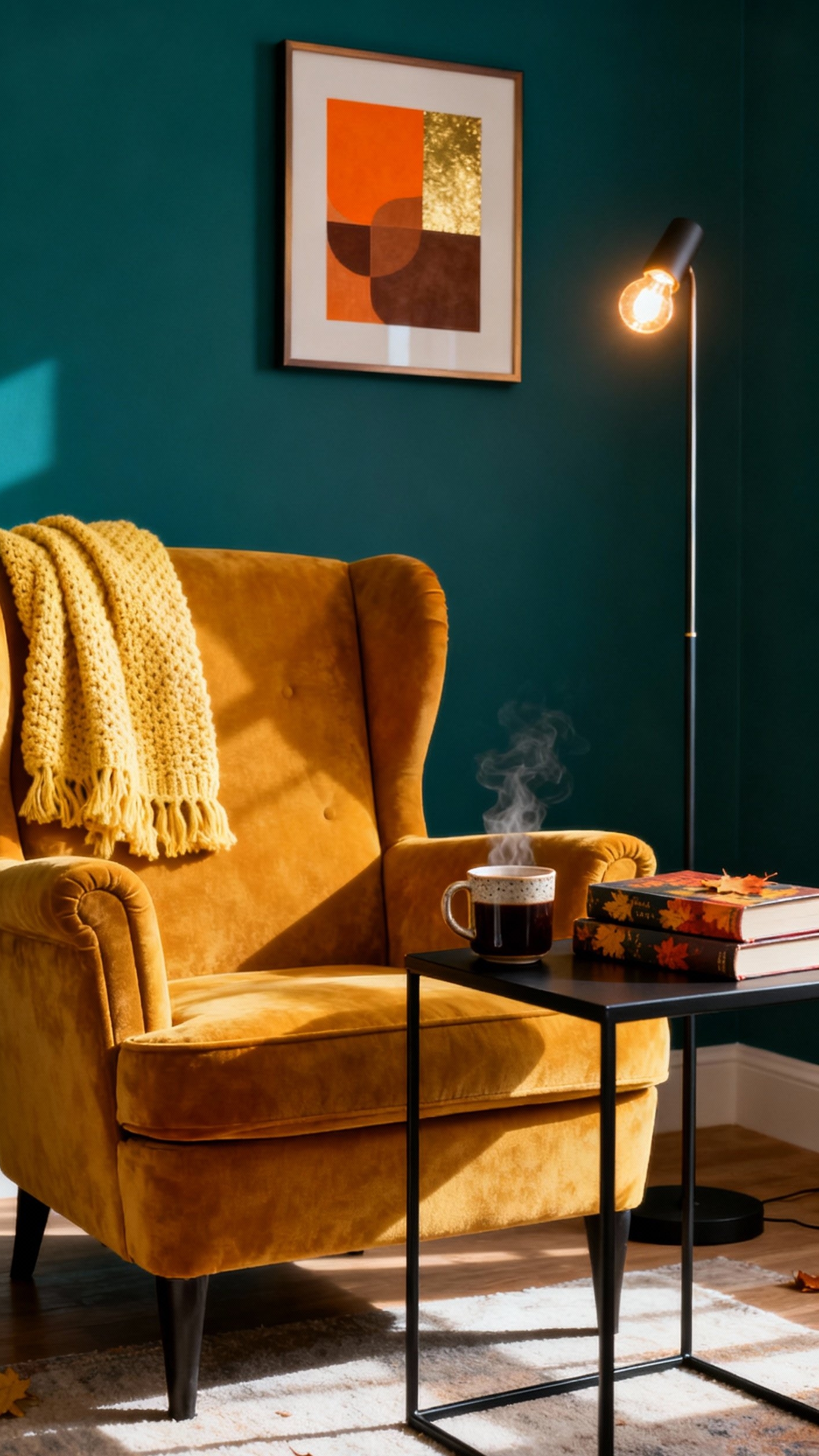 living room modern fall decor ideas - Bold Accents: Mustard Yellow and Deep Teal - Velvet armchair and abstract art