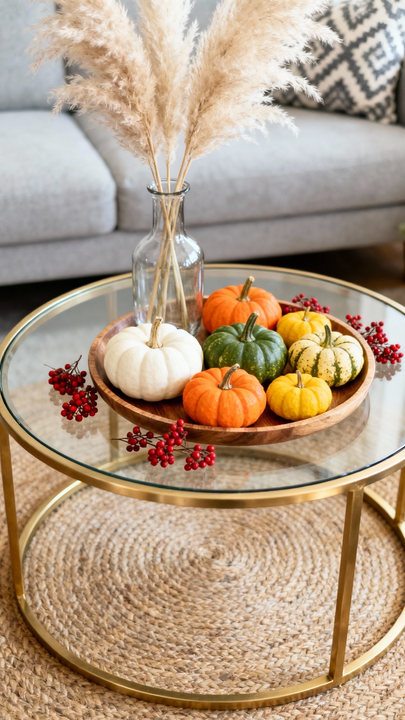 living room modern fall decor ideas - Elegant Fall Centerpieces: Gold and Natural Textures - Gold coffee table with pumpkins