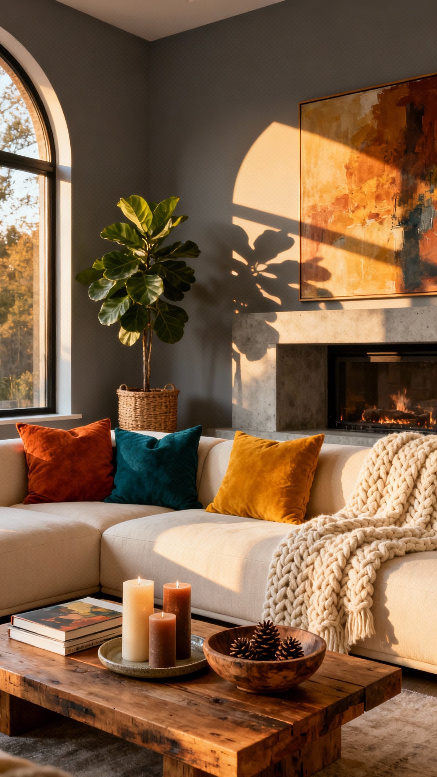 living room modern fall decor ideas - Modern Living Room Bliss with Autumnal Layers - Cream sectional with colorful pillows