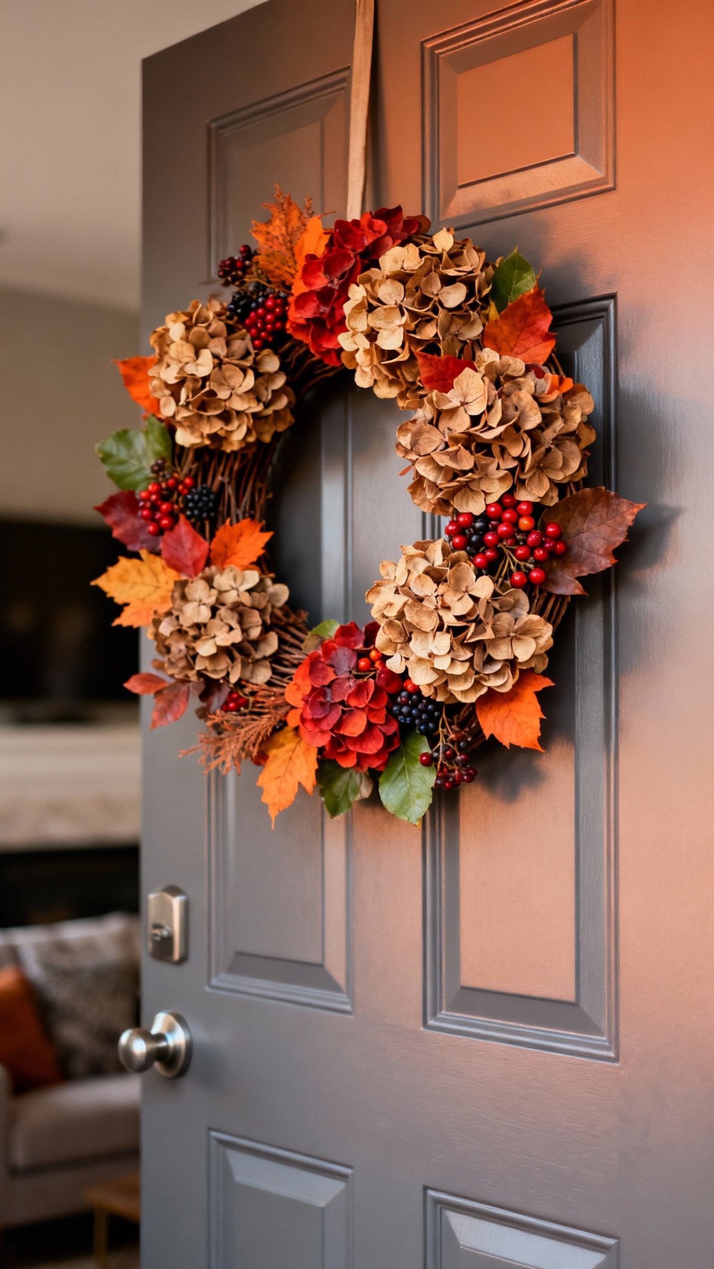 living room modern fall decor ideas - Welcoming Autumn with a Warm Gray Door - Fall wreath on gray door