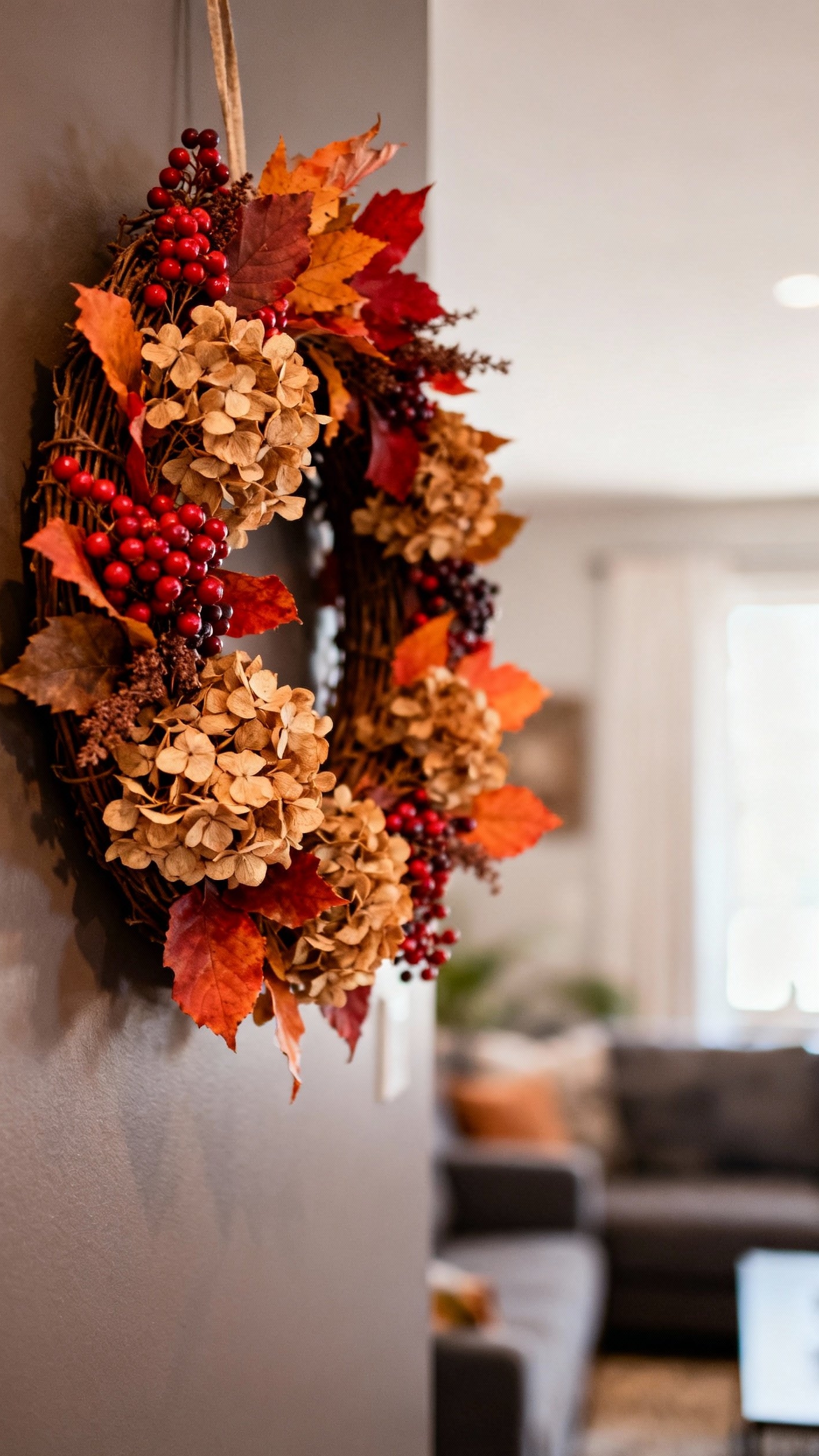 living room modern fall decor ideas - Handcrafted Wreaths: Seasonal Charm for Your Walls - Fall wreath on gray wall