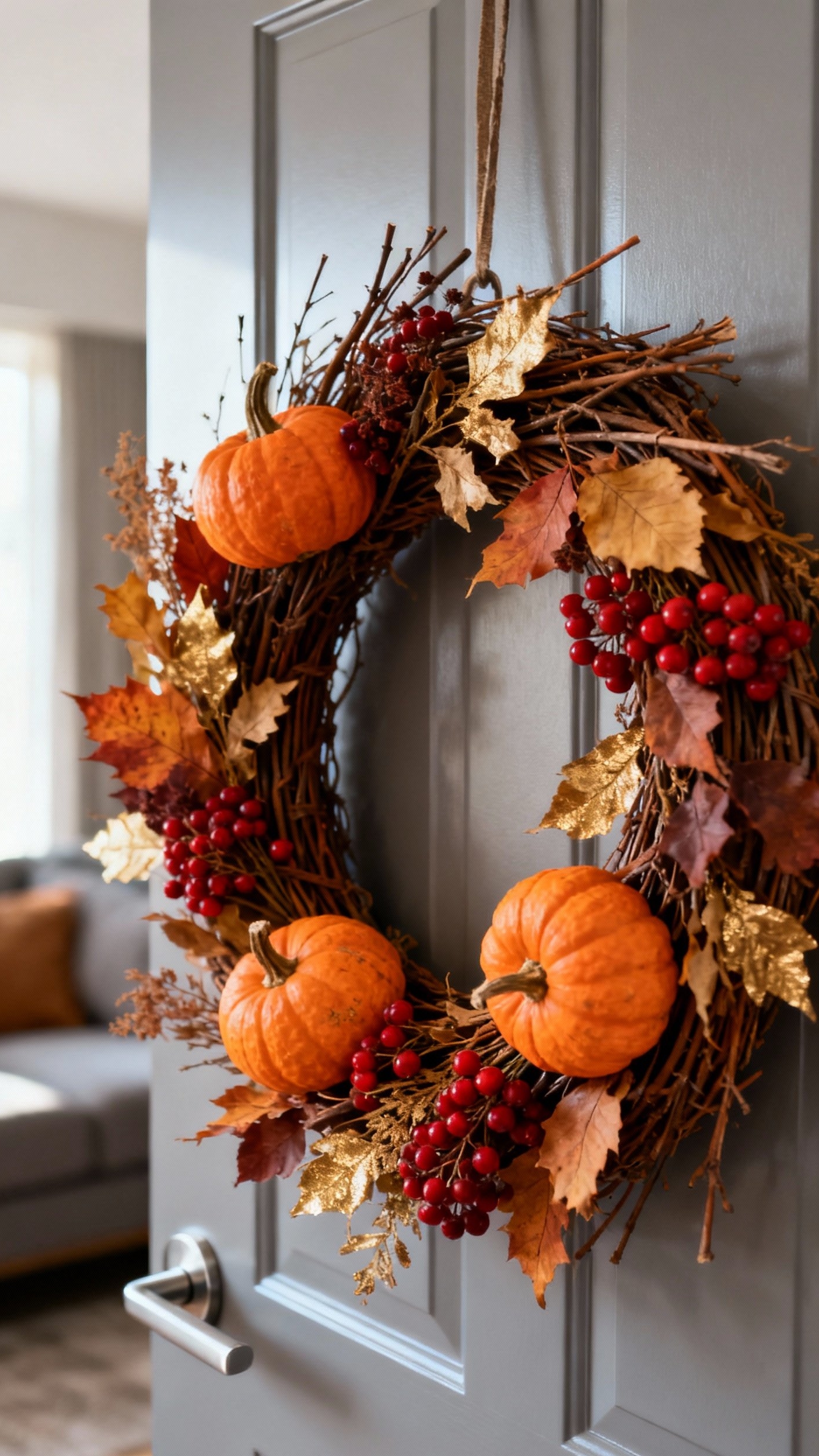living room modern fall decor ideas - Rustic Meets Modern: Door Wreath Inspiration - Fall wreath on modern door