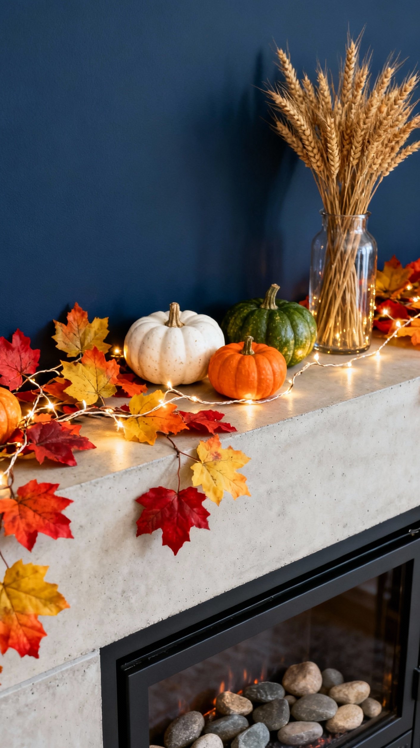 living room modern fall decor ideas - Modern Fireplace Mantel: A Seasonal Showcase - Concrete mantel with fall garland