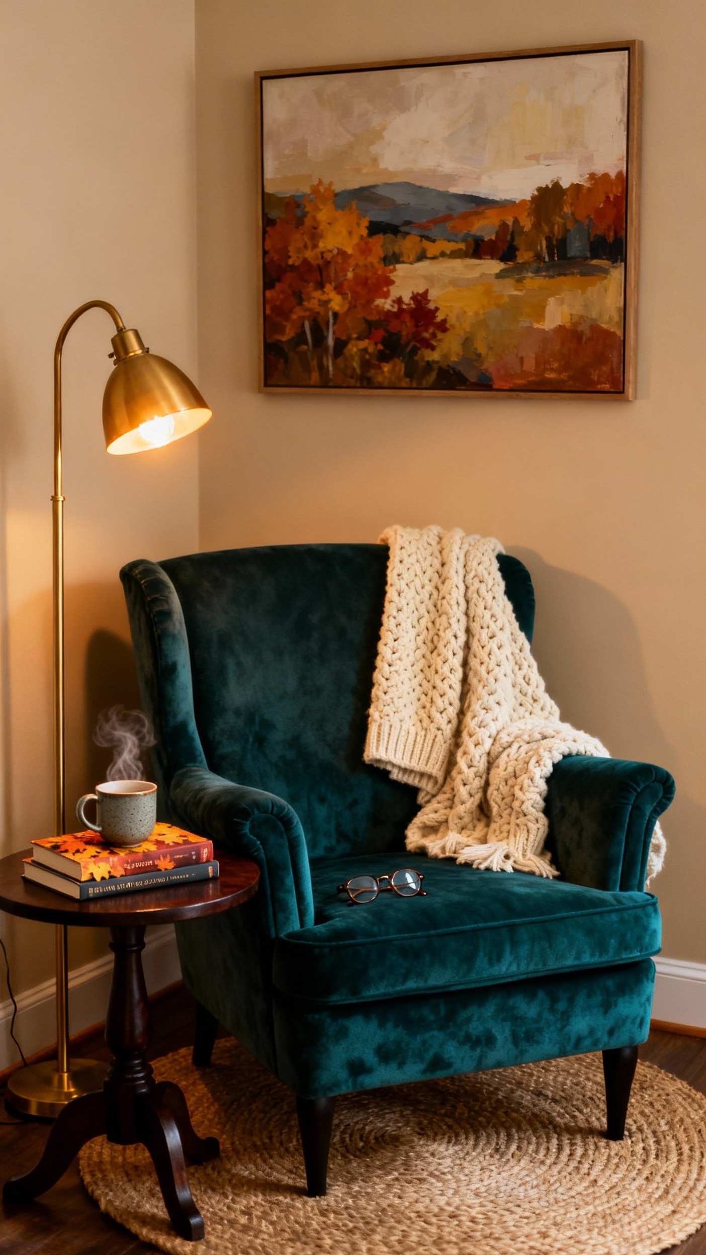 living room modern fall decor ideas - Jewel-Toned Reading Nook for Autumn Evenings - Teal velvet armchair with brass lamp