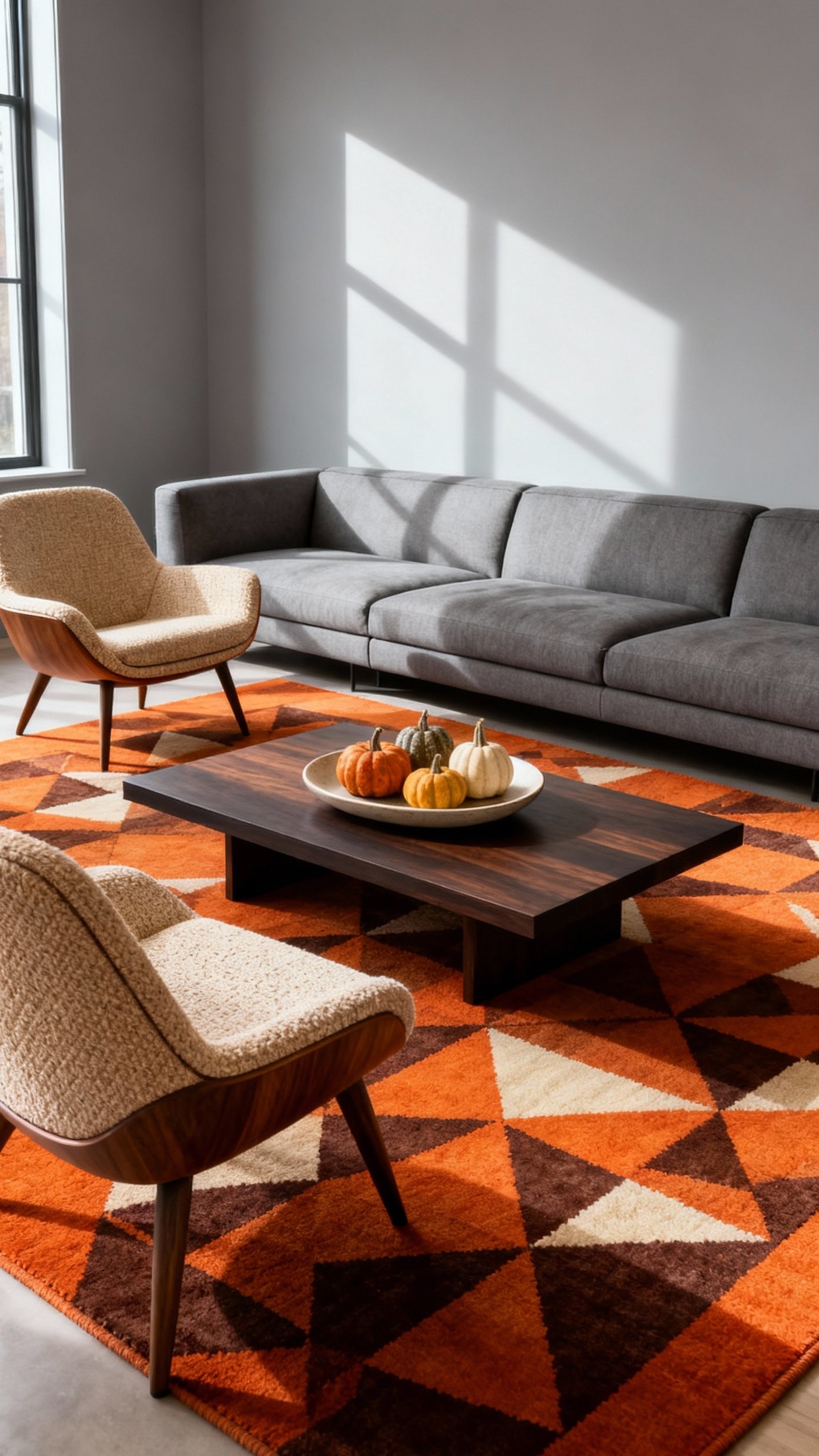 living room modern fall decor ideas - Warm and Patterned Rugs: Foundation for Fall Style - Geometric area rug with autumn colors