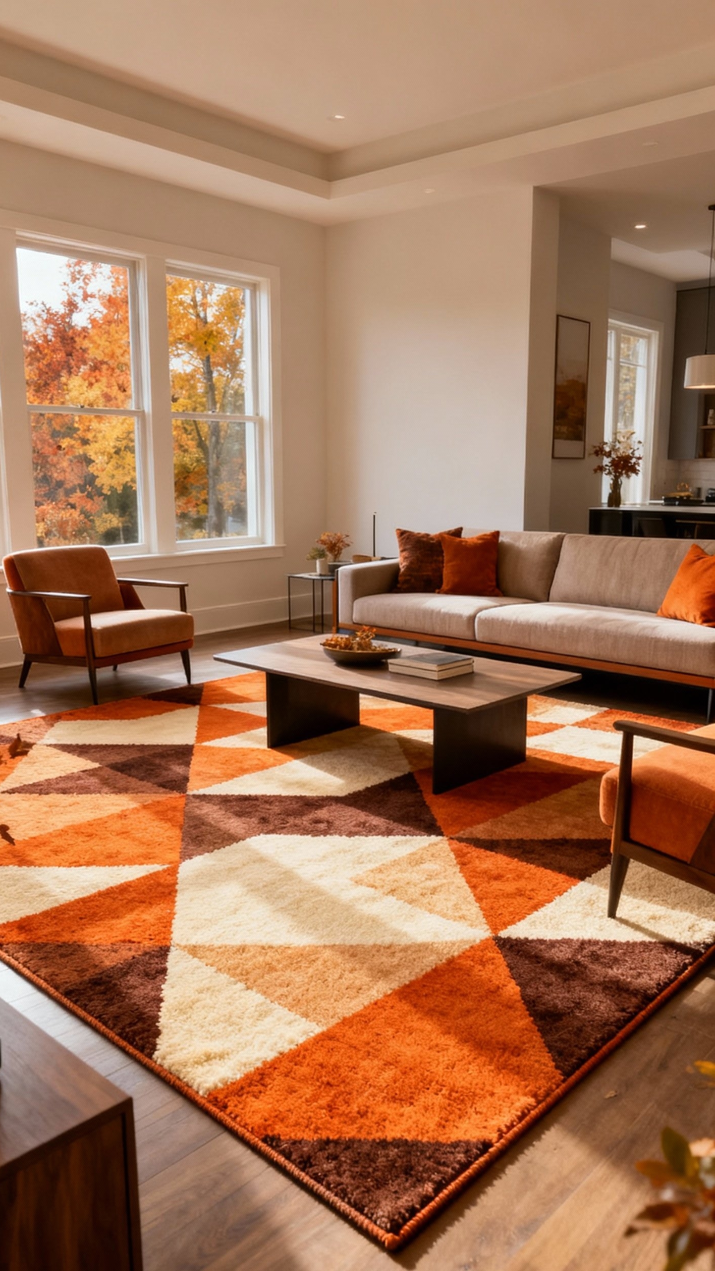 living room modern fall decor ideas - Seasonal Rugs: Adding Warmth and Pattern - Geometric rug with autumn colors