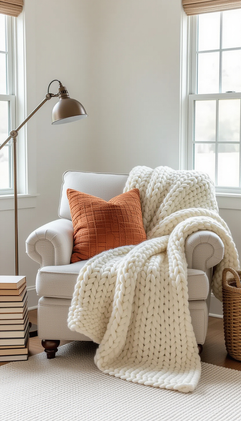 modern fall decor ideas - Inviting Living Room: Classic Cozy Fall Elements - Fireplace with plaid pillows and rustic bowl