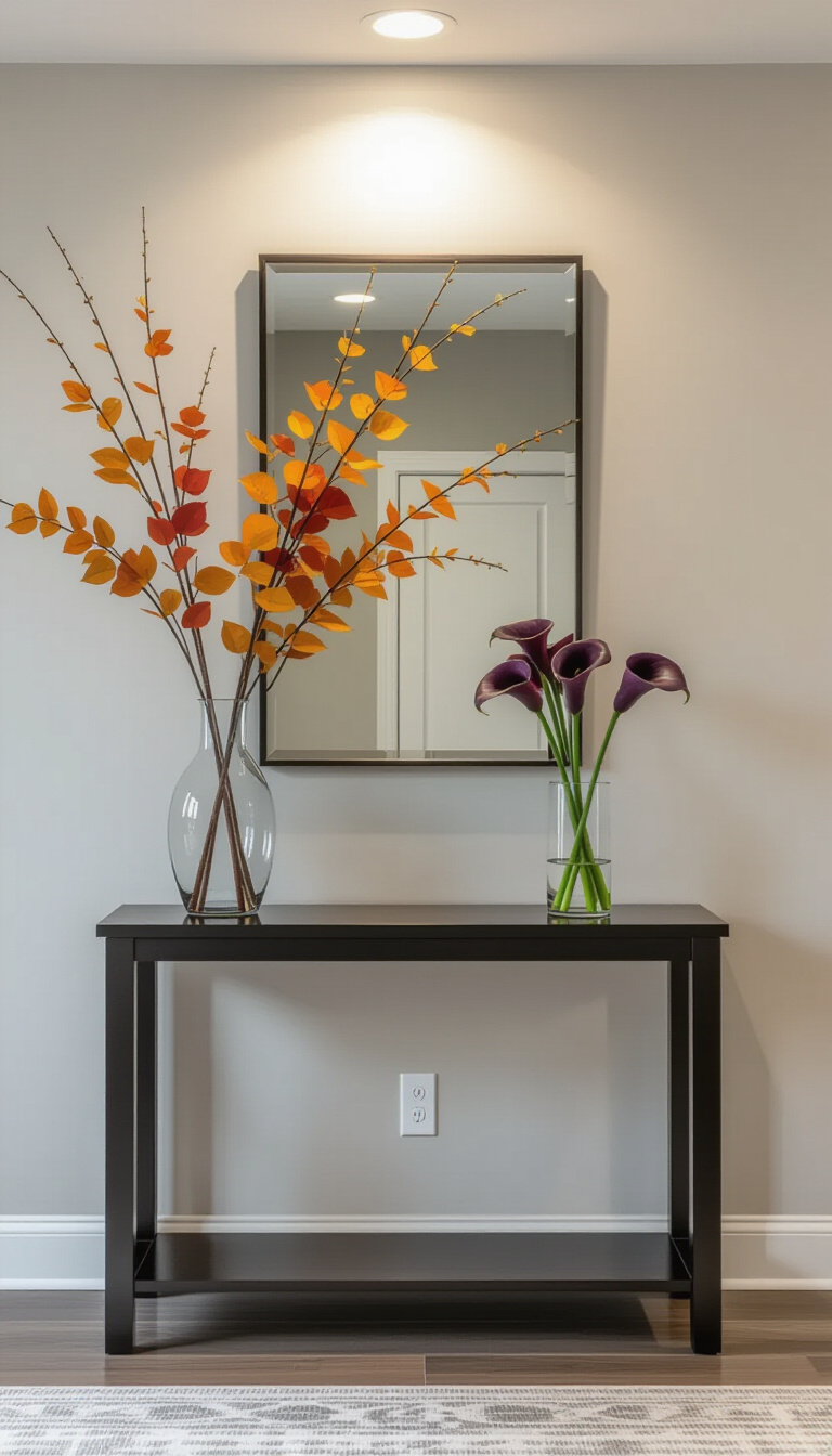 modern fall decor ideas - Glamorous Touches: Metallic Accents in Fall Decor - Bathroom with gold details and burgundy flowers