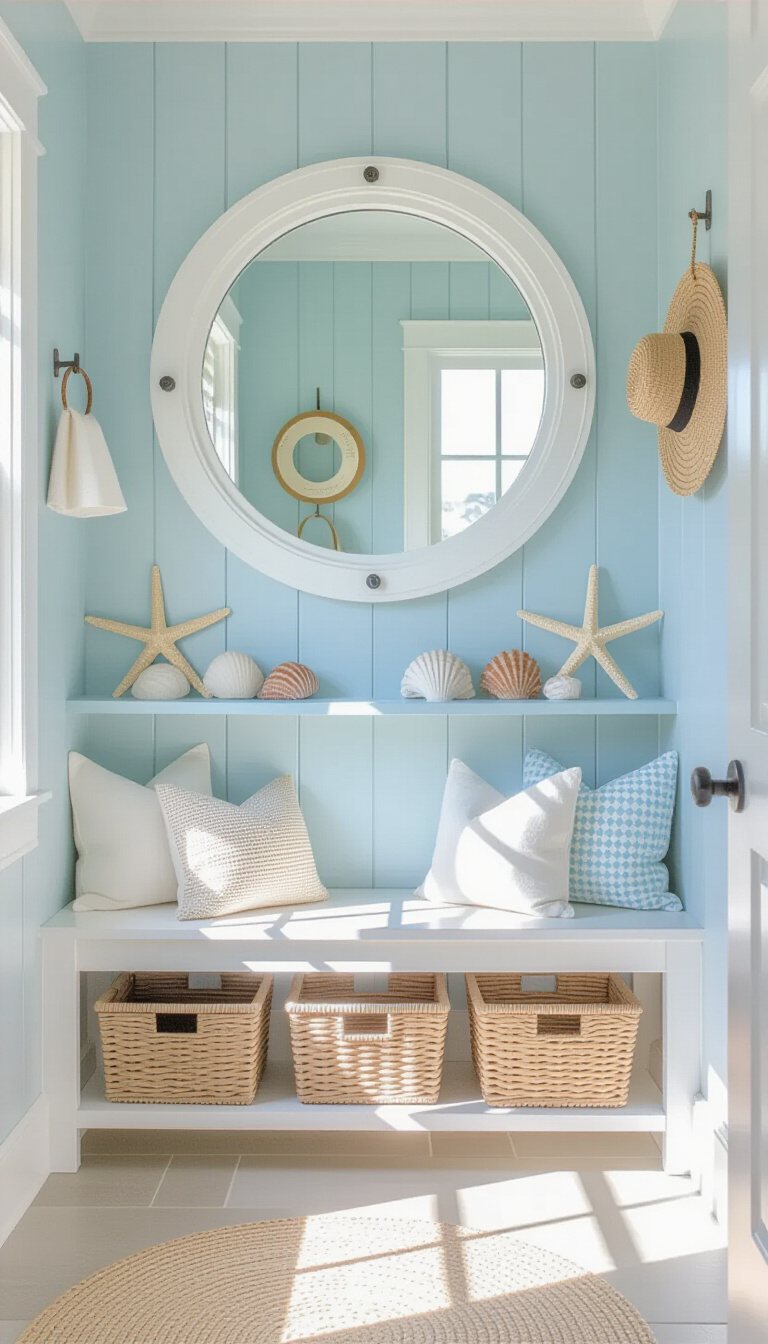 Mud Room With Mirror - Rustic mudroom with reclaimed wood walls and branch-framed mirror.