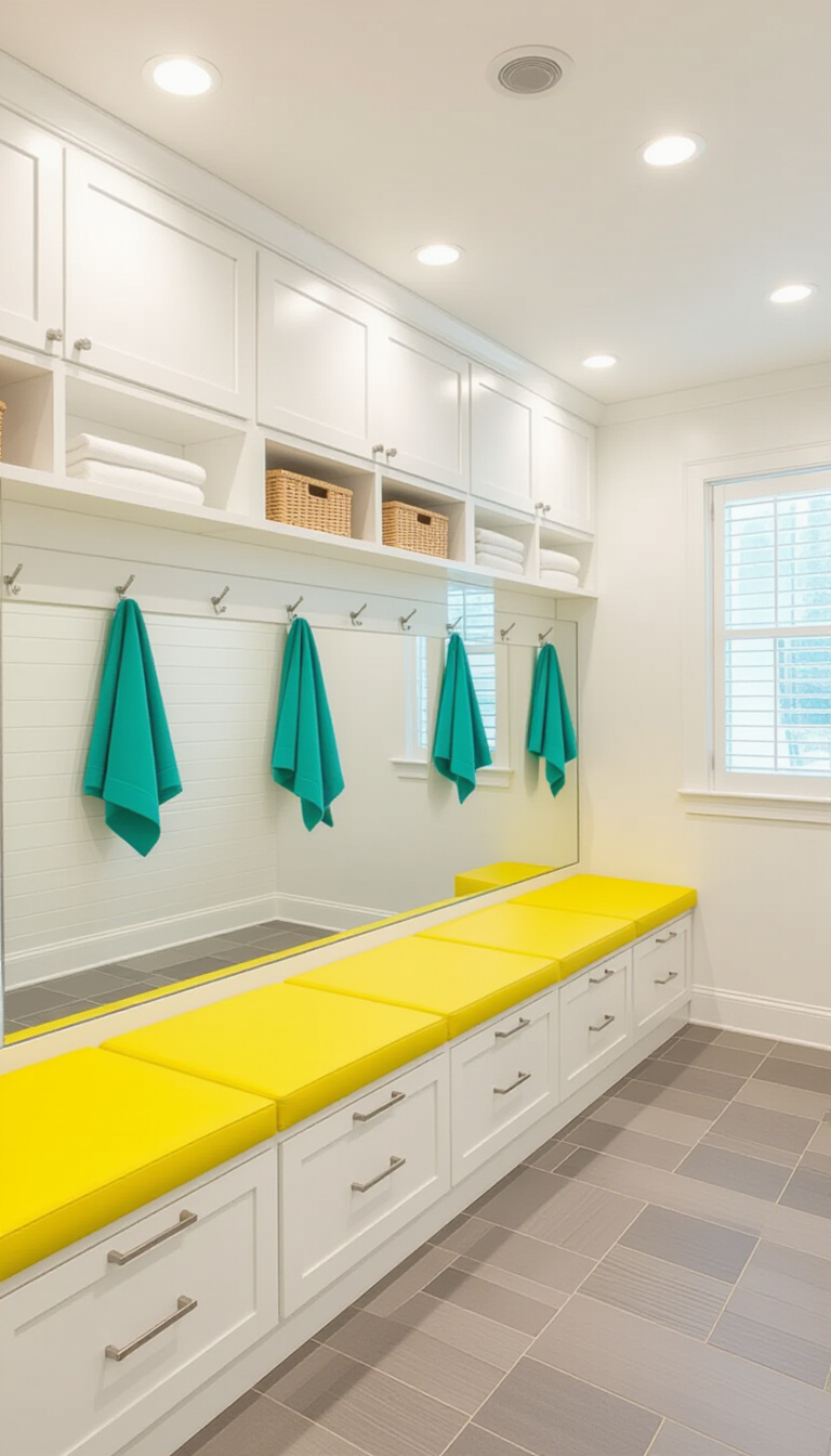 Mud Room With Mirror - Sophisticated mudroom with gold-framed mirror and dark wood console.