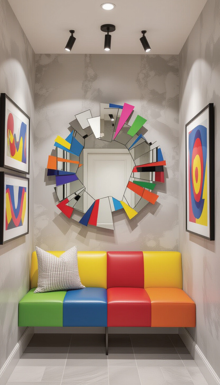 Mud Room With Mirror - Coastal mudroom with porthole mirror and seashell decor.