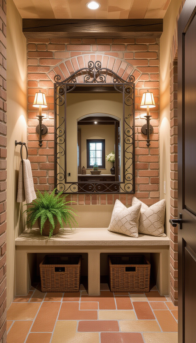 Mud Room With Mirror - Vintage mudroom with ornate gilded mirror and weathered chest.
